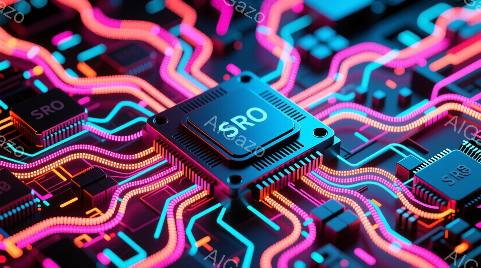 この画像は、鮮やかなネオンカラーの回路基板をクローズアップしたものです。基板上には、文字「SRO」が刻まれた複数のチップが配置され、複雑な配線が光り輝いています。全体的に未来的な雰囲気で、テクノロジー - AI生成フリー素材