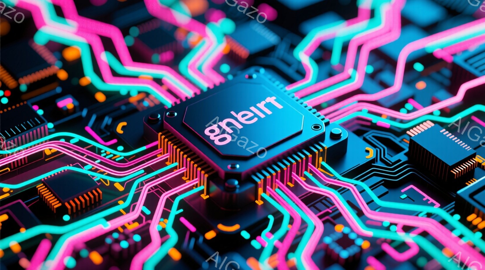 この画像は、複雑な回路基板をクローズアップしたものです。ネオンピンク、ターコイズブルー、ゴールドの線が幾何学的に配置され、中央には「gnert」と書かれた黒いチップが配置されています。全体的に未来的な - AI生成フリー素材
