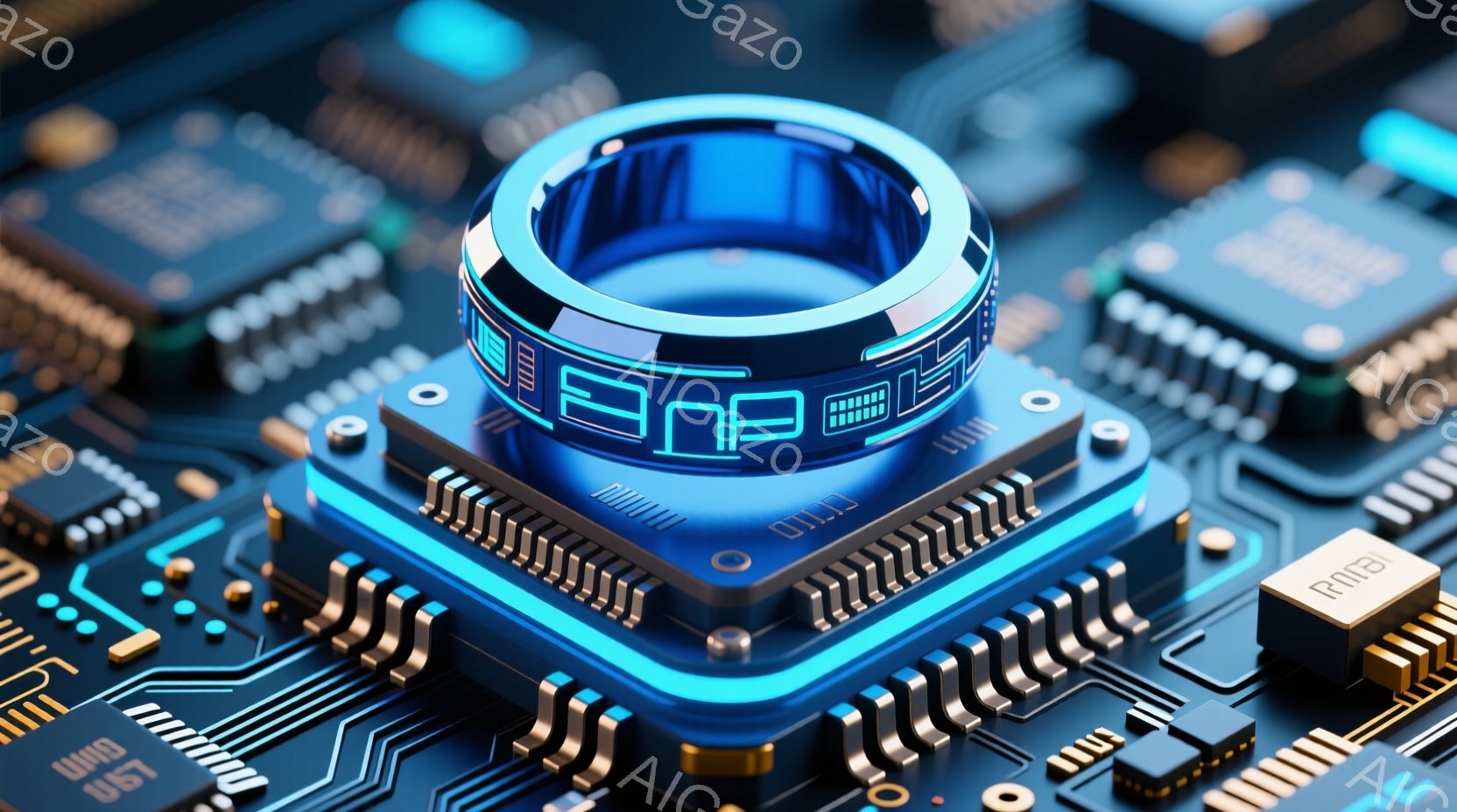 この画像は、電子基板上に配置された未来的なリングを描写しています。リングは青色の発光で、デジタルな文字が刻まれており、基板の複雑な回路と鮮やかなコントラストを形成しています。全体的に、高度な技術と未来的なデザインを強調した、クールでテクノロジー感あふれる雰囲気です。