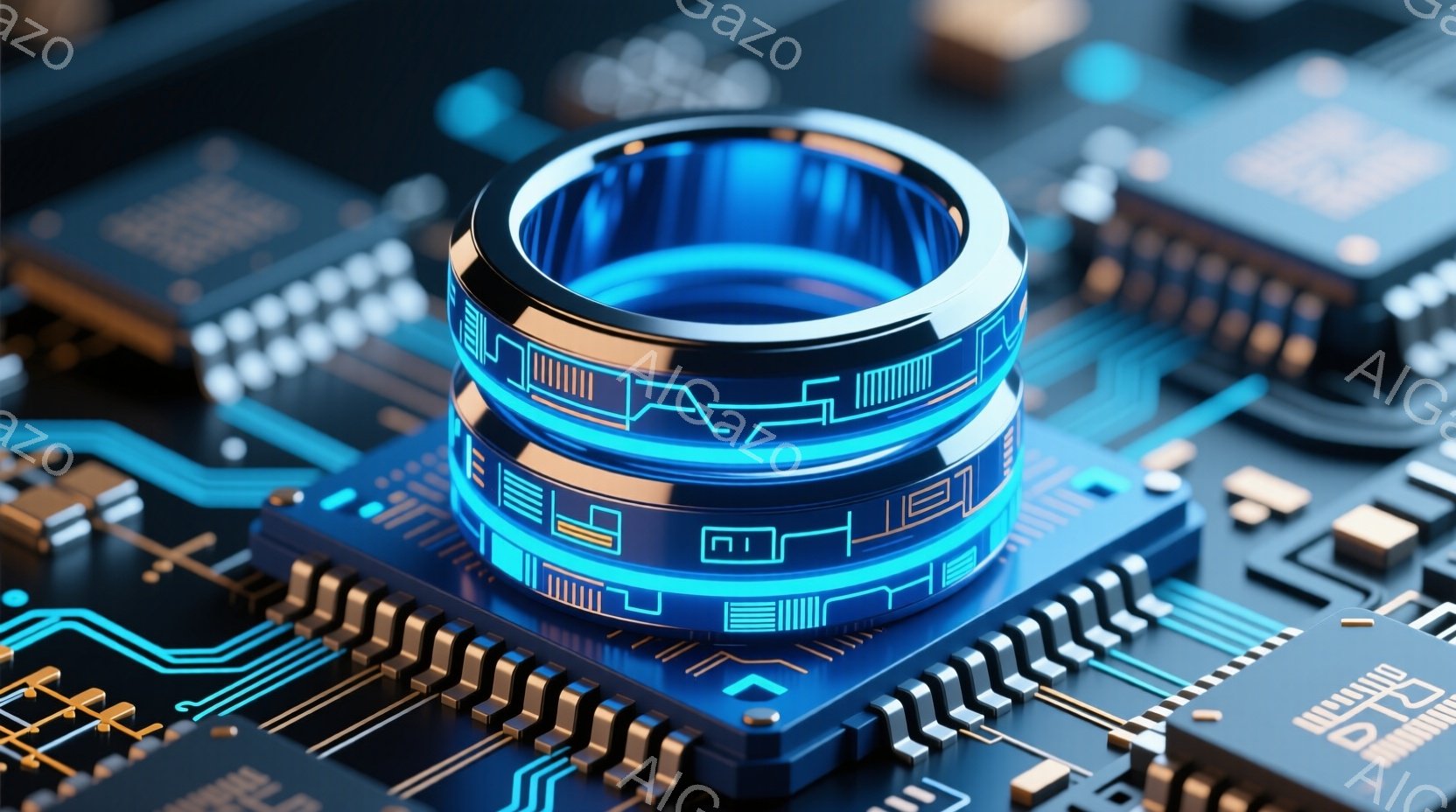 この画像は、複雑な電子回路基板上に配置された未来的なリングを描写しています。リングは青色の光を発し、金色の線で装飾された複数の層で構成されています。基板にはチップや配線が密集しており、高度な技術と未来的な雰囲気を醸し出しています。