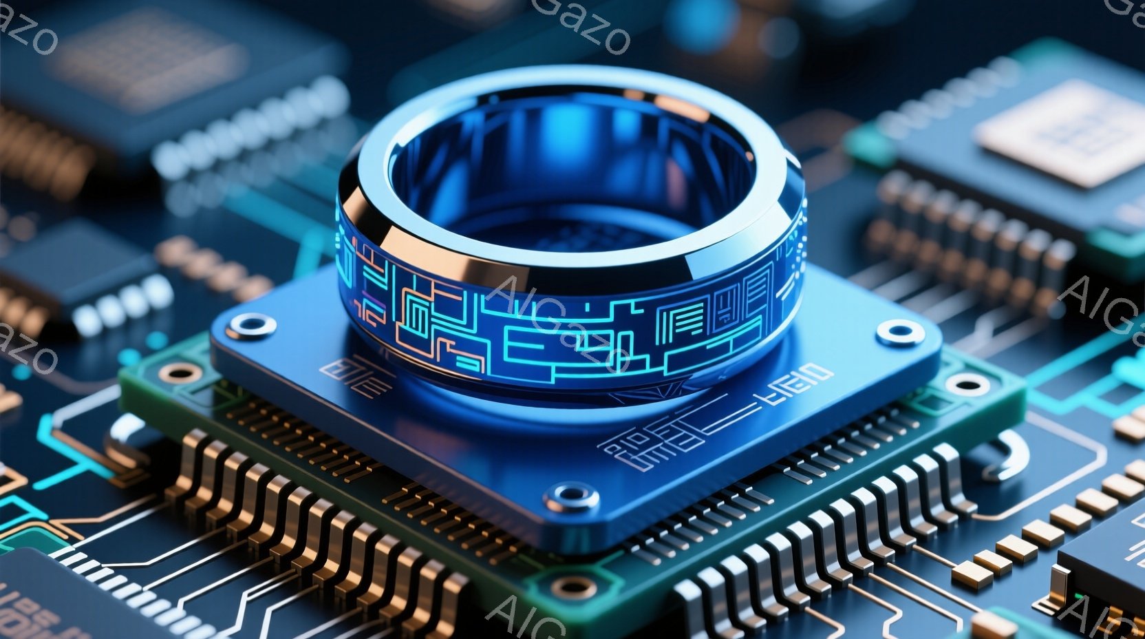 この画像は、複雑な回路が刻まれた青い指輪が、電子部品が密集した基板の上に置かれている様子を捉えています。指輪は未来的なデザインで、光沢があり、基板の緑色とのコントラストが際立っています。全体的に、テクノロジーと未来感を強調した、洗練された雰囲気です。