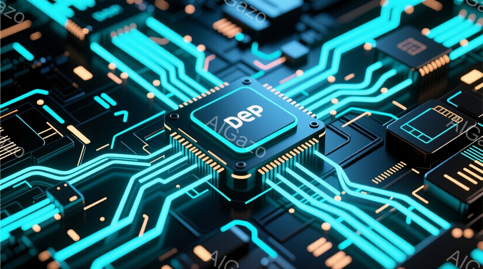 この画像は、複雑な回路基板をクローズアップしたもので、鮮やかなターコイズブルーのラインが黒い基板上を網の目のように走っています。中央には「DEP」と書かれたチップが配置され、他の小型の電子部品とともに - AI生成フリー素材