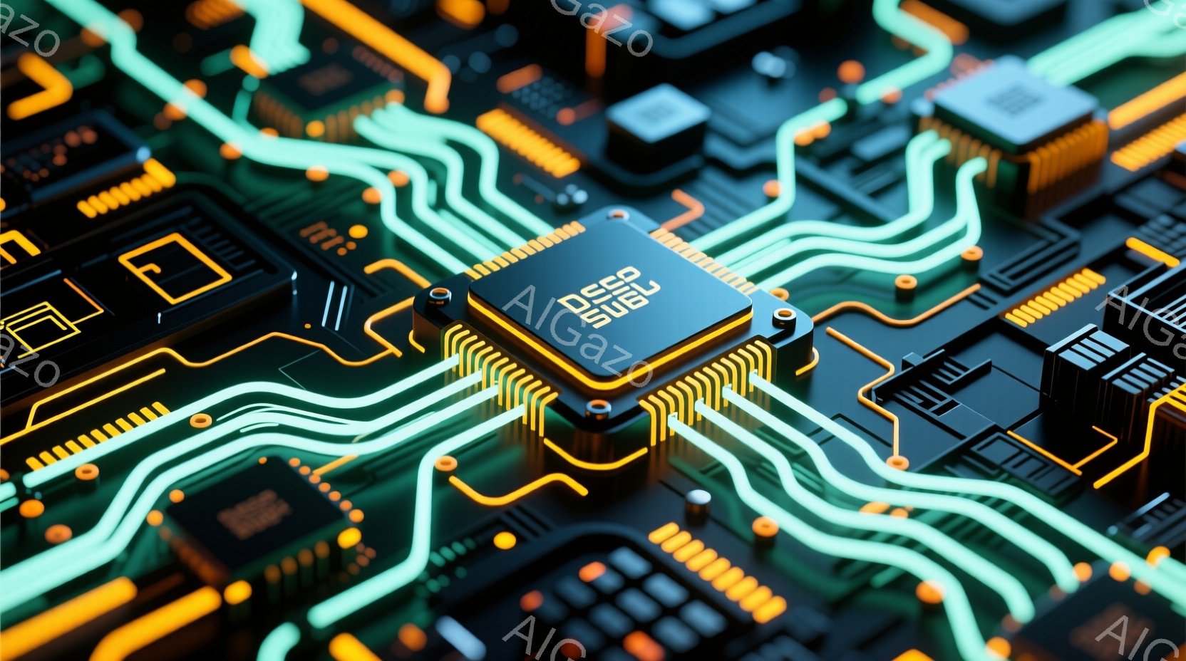 この画像は、複雑な回路基板をクローズアップしたもので、鮮やかな青と黄色のラインが、黒い基板上を複雑に走っています。中央には、銀色の小さな四角いチップが配置され、回路の一部として機能しているように見えま - AI生成フリー素材