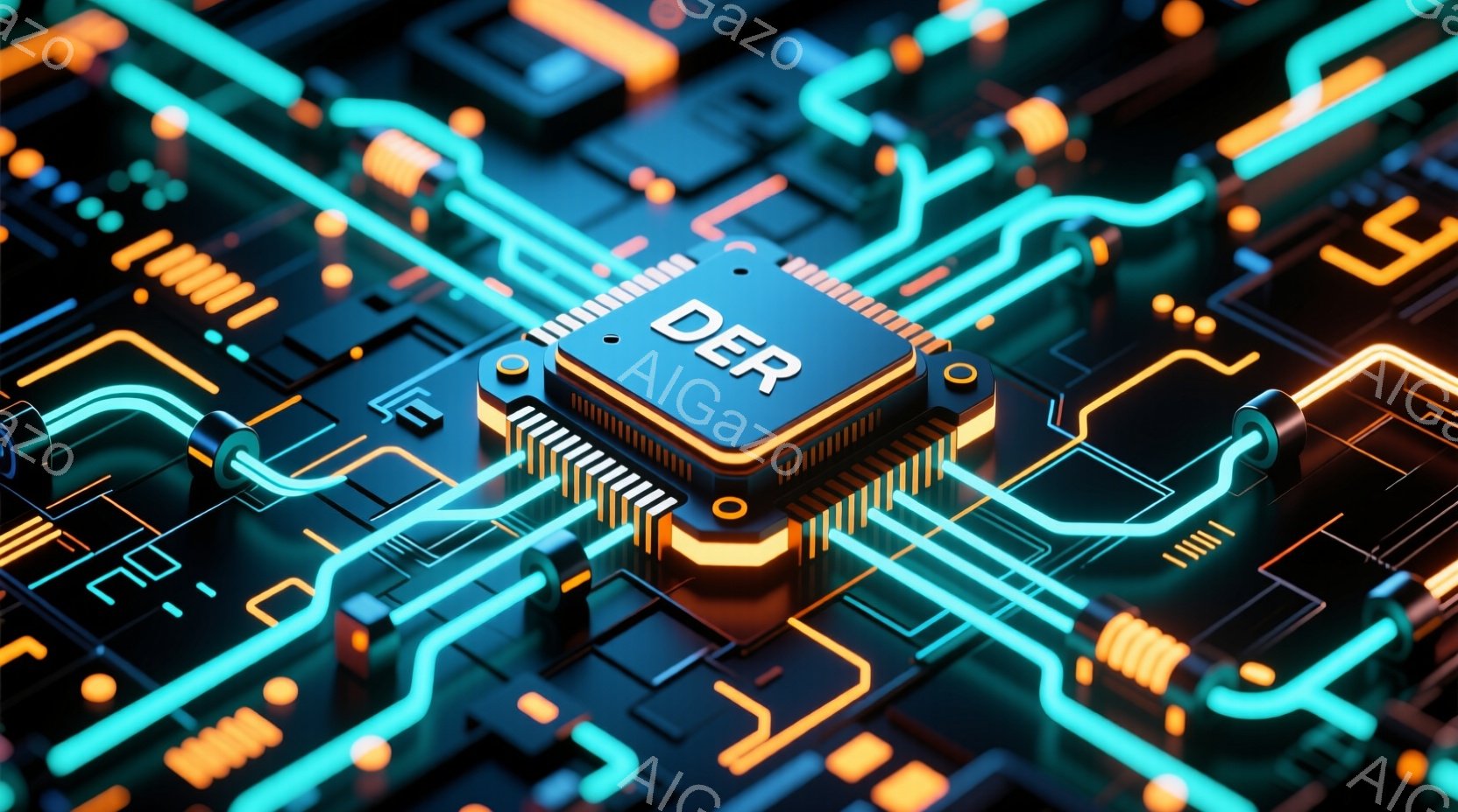 この画像は、複雑な回路基板を捉えたクローズアップです。ネオンブルーとオレンジ色の光が、電子部品や接続線を照らし、未来的な雰囲気を醸し出しています。中央には「DER」と書かれたマイクロチップが配置され、技術革新とデジタル世界の象徴となっています。