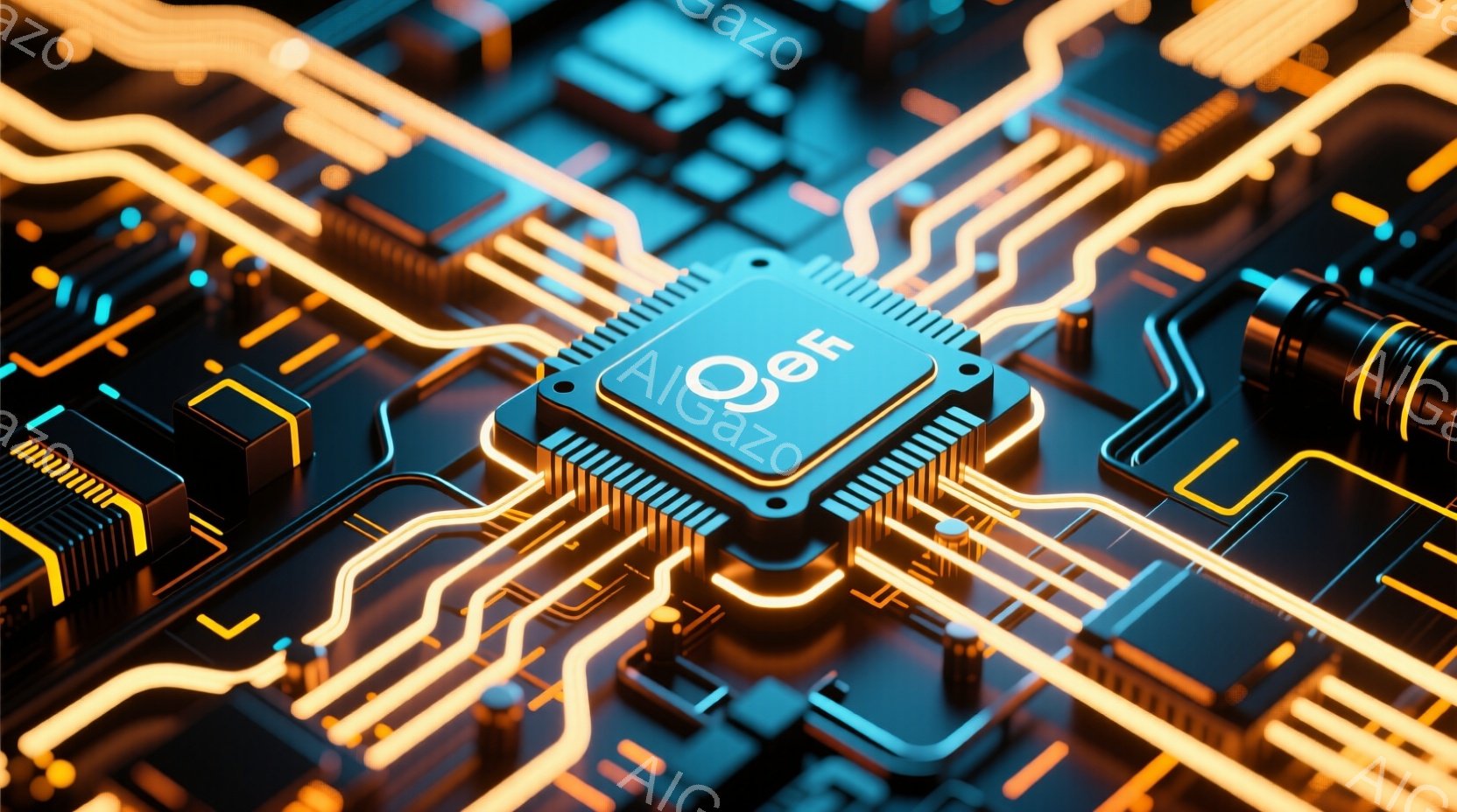 この画像は、鮮やかなネオンカラーで照らされた電子回路基板をクローズアップしたものです。中心には、銀色の端子を持つ四角いチップが配置され、「QeF」という文字が刻印されています。基板全体が複雑な配線パタ - AI生成フリー素材