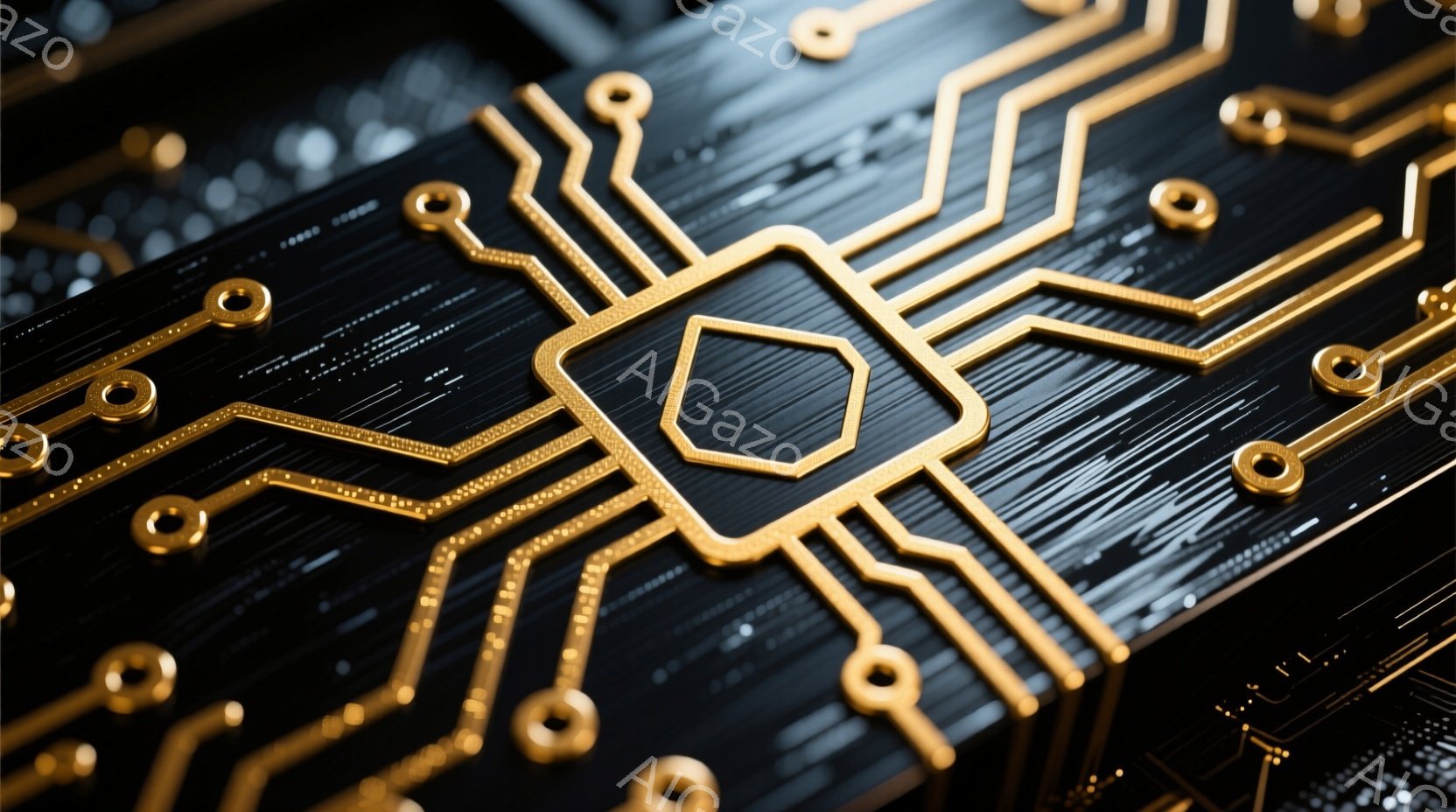 画像は、黒い背景に金色の回路パターンが描かれた、技術的な基板のクローズアップです。金色の線は複雑に絡み合い、小さな金色の円形の部品が配置されています。全体的に、精密で未来的な雰囲気が漂い、高度な技術や電子機器を連想させます。