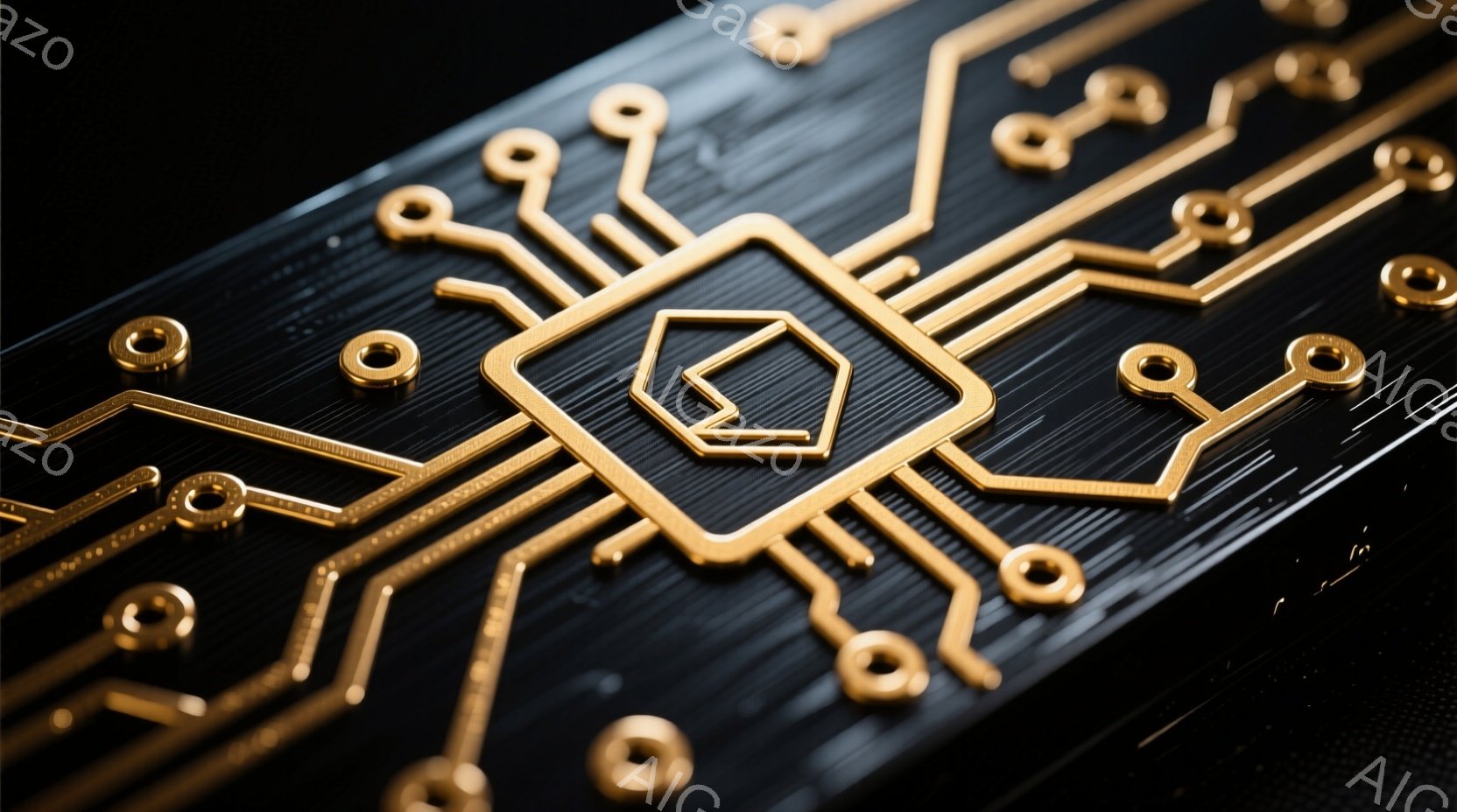 画像は、黒い背景に金色の回路が複雑に配置されたテクスチャを示しています。中央には、金色の六角形の中にさらに小さな六角形が配置されたデザインがあり、全体的にテクノロジーと洗練さを感じさせます。この回路模 - AI生成フリー素材