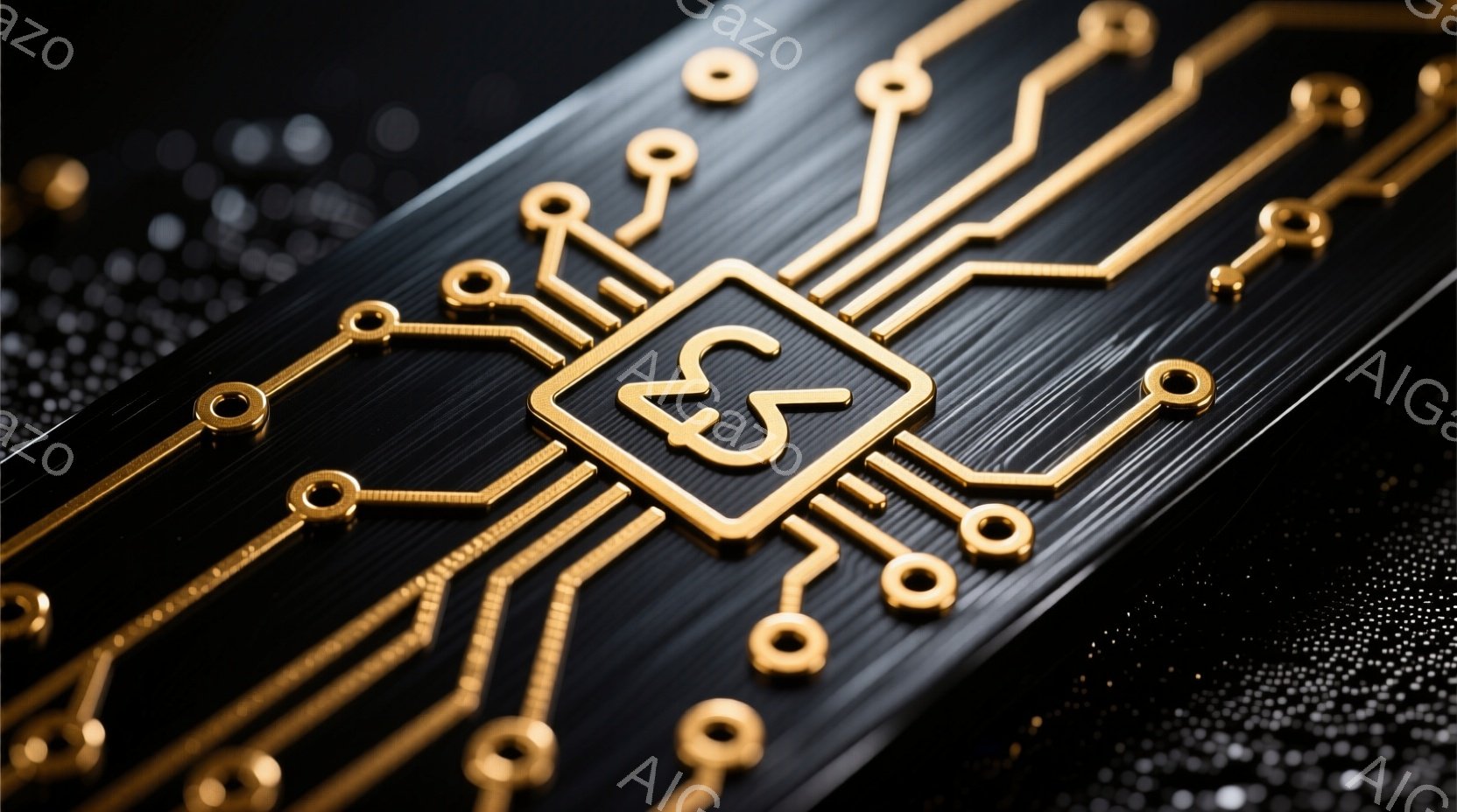 鮮やかな金色の配線が黒色の背景に複雑に描かれた、回路基板のようなテクスチャが特徴的な画像です。配線は細く、精密な電子部品を想起させ、中心には数字の「53」が配置されています。全体的に、ハイテクで未来的な印象を与える、緻密なデザインの画像です。