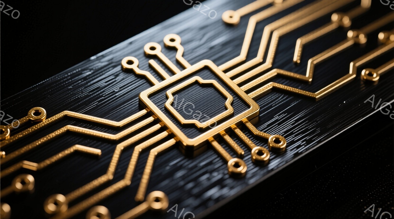 黒い背景に金色の回路が複雑に描かれたプリント基板が写っている。金色の線は精密に配置され、いくつかの小さな円形のパッドと、中央に配置された四角い形状が特徴的である。この回路図は、高度な技術や電子機器の内部構造を暗示している。