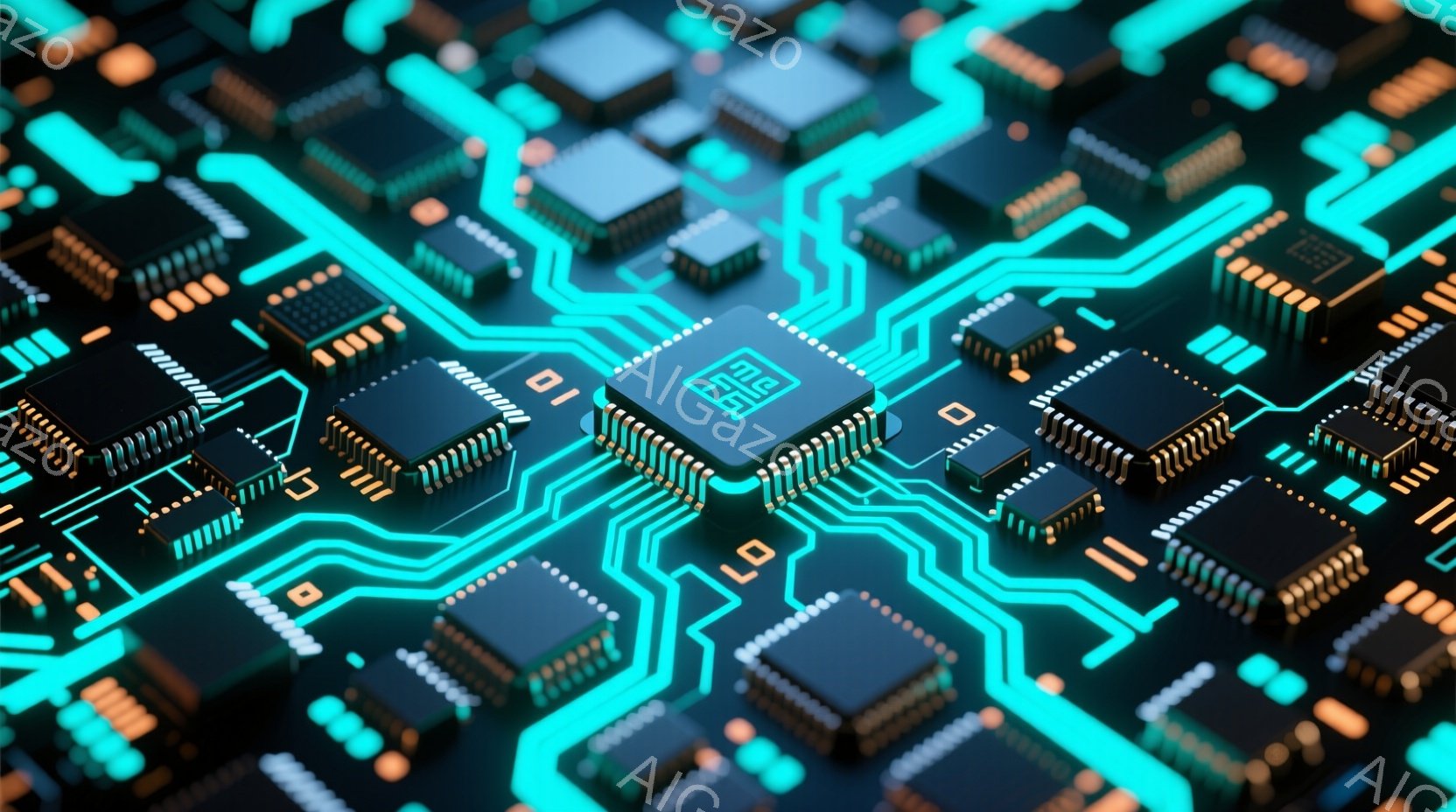 この画像は、鮮やかなターコイズブルーの回路が複雑に絡み合い、多数のマイクロチップや電子部品が配置された基板のクローズアップです。チップは金色のピンを備え、青色の光る線で接続されており、未来的な技術やデジタル世界のイメージを喚起させます。全体的に、精密さと複雑さ、そして洗練されたテクノロジーの雰囲気が漂っています。