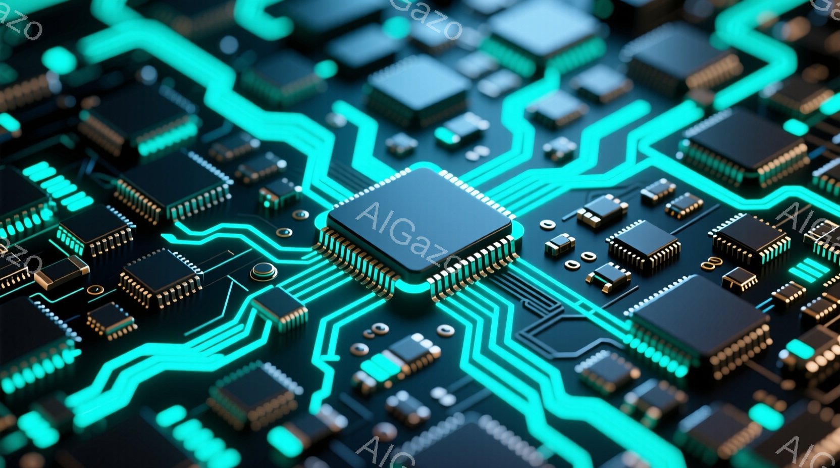 この画像は、複雑な電子回路基板をクローズアップで捉えたものです。鮮やかなターコイズブルーの配線が、黒色のチップやコンデンサなどの電子部品を繋ぎ、未来的な印象を与えます。光沢のある表面と鮮明な色彩が、高度な技術と精密さを強調しています。