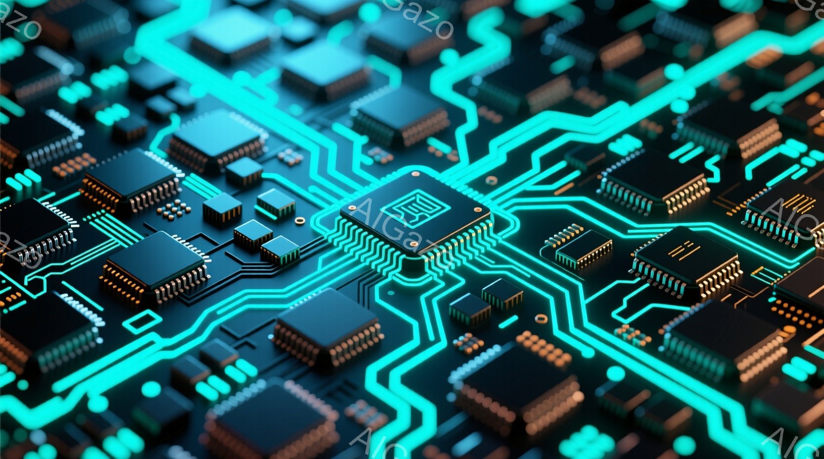 この画像は、複雑な回路基板をクローズアップしたもので、鮮やかなターコイズブルーの配線が黒色のチップやコンポーネントを網の目のように繋いでいます。基板は高度な技術と精密さを感じさせ、未来的な電子機器やデジタル世界の内部構造を表現しているようです。全体として、鮮やかな色彩と複雑なデザインが目を引き、洗練された雰囲気を作り出しています。