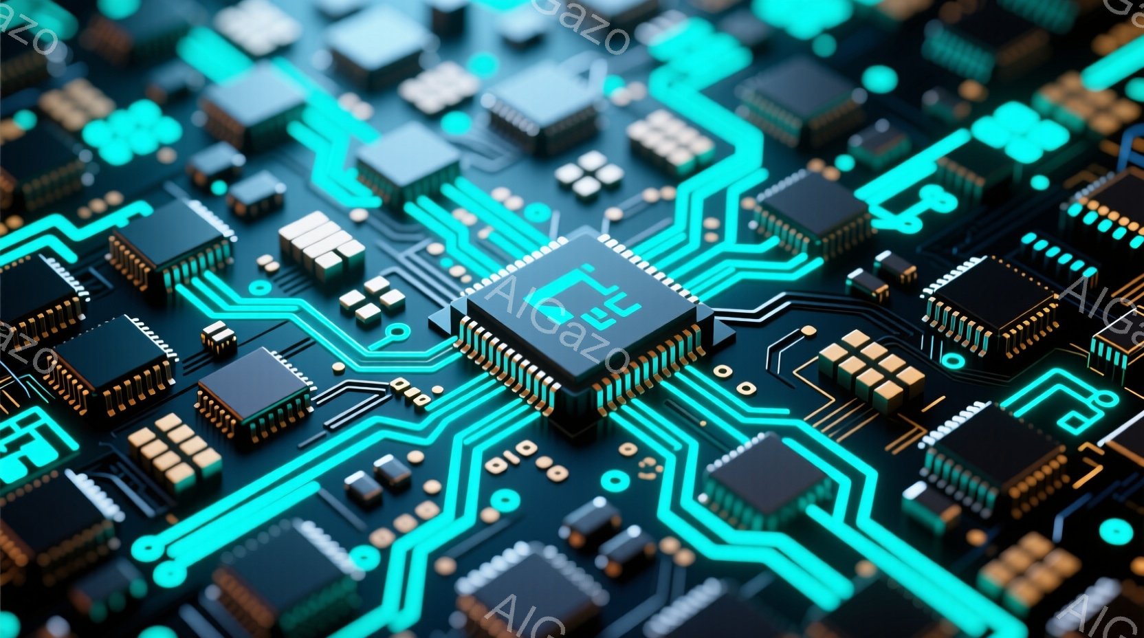 この画像は、電子回路基板をクローズアップしたもので、様々な電子部品が密集して配置されています。鮮やかなターコイズブルーの回路線が黒い基板上を複雑に走り、小さな金属製の抵抗やコンデンサ、ICチップなどが規則的に並んでいます。全体的に近未来的なデジタル技術を象徴する、精密で洗練された印象を与える画像です。