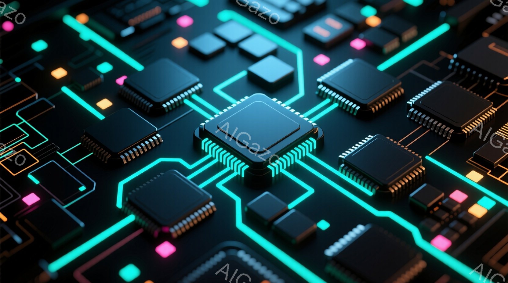 この画像は、回路基板のような暗い背景に、明るいターコイズブルーとピンクのラインが複雑に走っています。黒い電子部品が配置されており、まるで未来的な都市の夜景のように光を放っています。全体的に、高科技で洗 - AI生成フリー素材