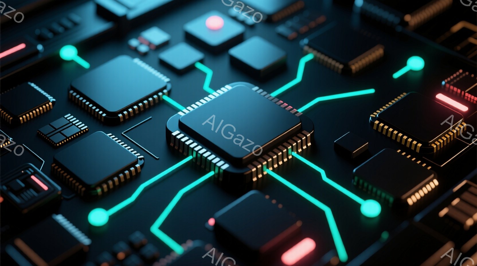 鮮やかなネオンブルーのラインが、黒色の電子部品を複雑に繋ぎ合わせています。中央には、特に大きく光沢のあるCPUが配置され、その周囲に様々なチップや抵抗が密集しています。全体として、未来的なテクノロジー - AI生成フリー素材