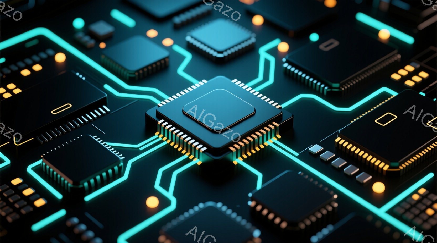 この画像は、暗い背景に配置された電子回路基板のクローズアップです。鮮やかな青色の光る線が回路を形成し、小さな金色のチップが配置されています。全体的に、未来的なテクノロジーの雰囲気があり、精密さと複雑さを強調しています。