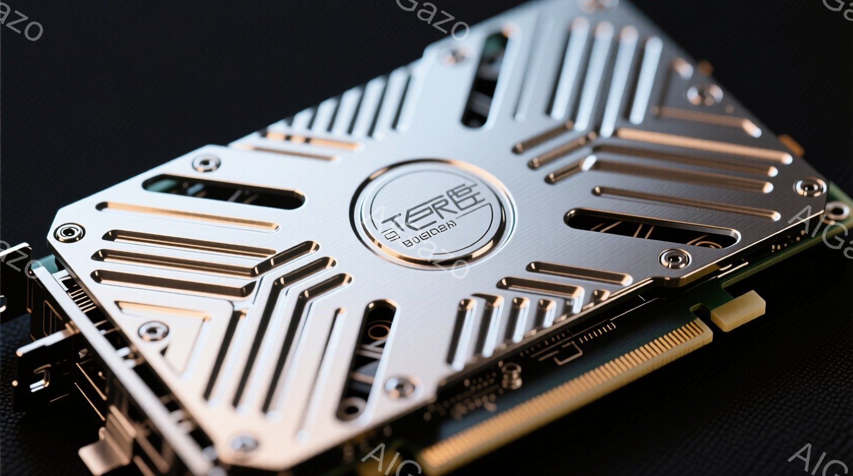 この画像は、放熱板を備えたプリント基板をクローズアップしたものです。基板は緑色で、様々な電子部品が搭載されています。金属製の放熱板は、縦に並んだ多数の溝があり、光沢があり、冷却性能を高めるように設計されているようです。