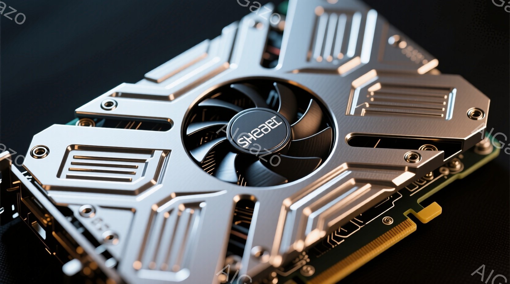 この画像は、複雑な金属製のヒートシンクとファンが搭載されたプリント基板のクローズアップです。ヒートシンクは銀色で、幾何学的なデザインが施されており、多数のフィンが熱を放散するように設計されています。基 - AI生成フリー素材