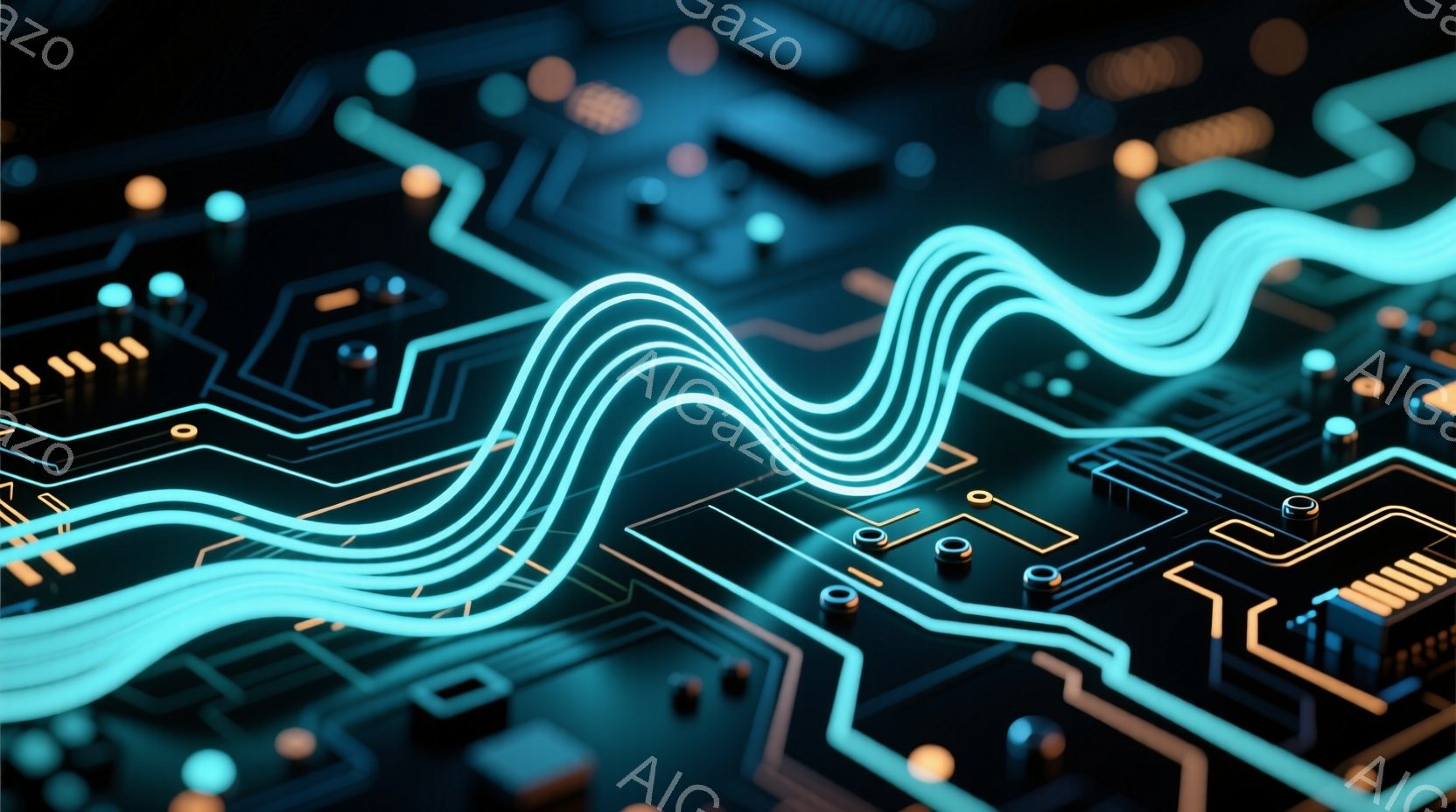 この画像は、複雑な電子回路基板をクローズアップで捉えたものです。鮮やかなターコイズブルーの線が、金色の電子部品や黒い基板上を蛇行し、データやエネルギーの流れを視覚的に表現しています。全体的に未来的な雰囲気で、テクノロジーの進歩やデジタル世界の複雑さを暗示しています。