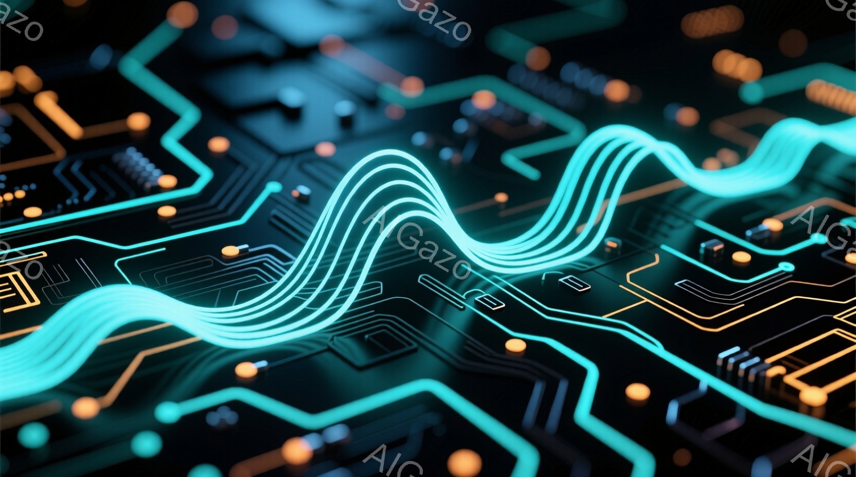 この画像は、複雑な回路基板のクローズアップです。明るい水色の線が基板上を蛇行し、金色の小さなドット状の部品が配置されています。全体的に暗い背景にネオンライトのような光が輝き、未来的なテクノロジーの雰囲気を醸し出しています。