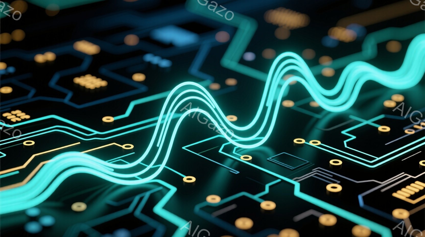 この画像は、暗い背景に配置された電子回路基板のクローズアップです。鮮やかなターコイズブルーの線が複雑に絡み合い、金色の小さな円形コンポーネントや四角いチップが点在しています。全体的に未来的な雰囲気で、テクノロジーやデジタル世界のイメージを喚起させます。