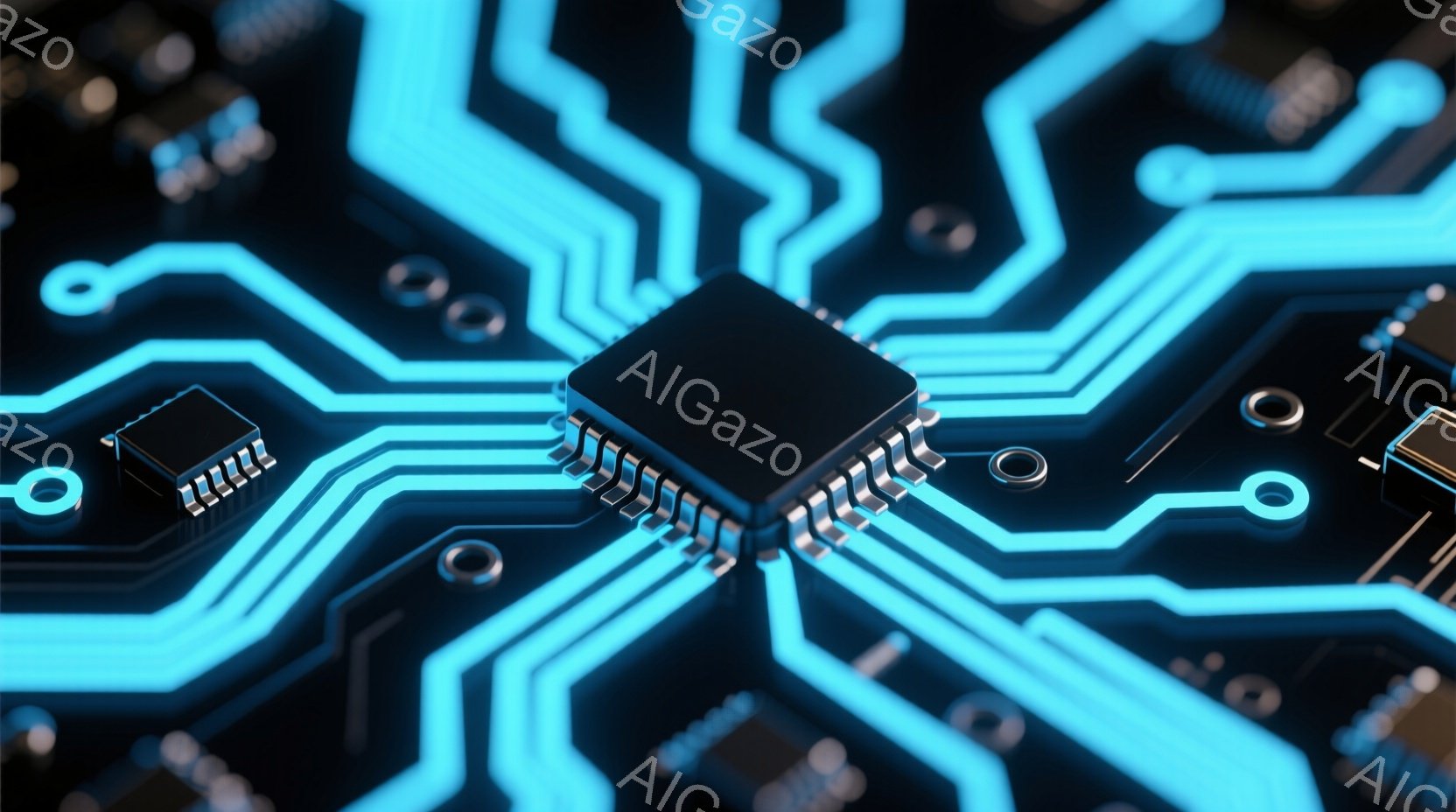 この画像は、暗い背景に青色の回路が複雑に走るプリント基板を捉えています。中央には黒色の四角いICチップが配置され、その周囲に細かな電子部品が配置されています。鮮やかな青色の光が回路を照らし、未来的なテクノロジーの雰囲気を醸し出しています。