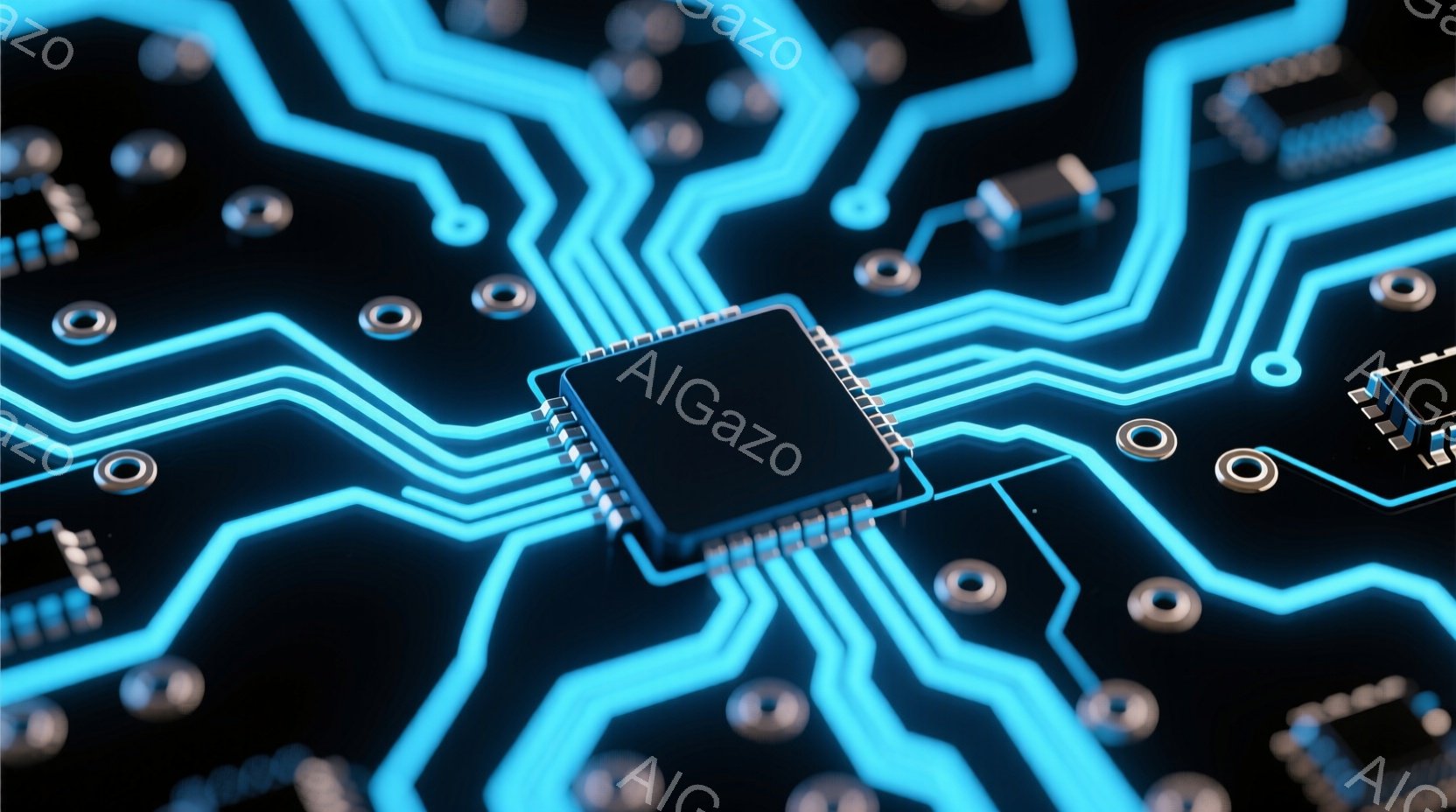 黒い背景に、青色の光る回路が複雑に走っており、中央には黒色の集積回路（ICチップ）が配置されている。ICチップの周囲には、小さな金属製の部品が点在し、電子機器の基盤を思わせるデザインとなっている。全体的に未来的な雰囲気で、テクノロジーやデジタル世界を象徴している。