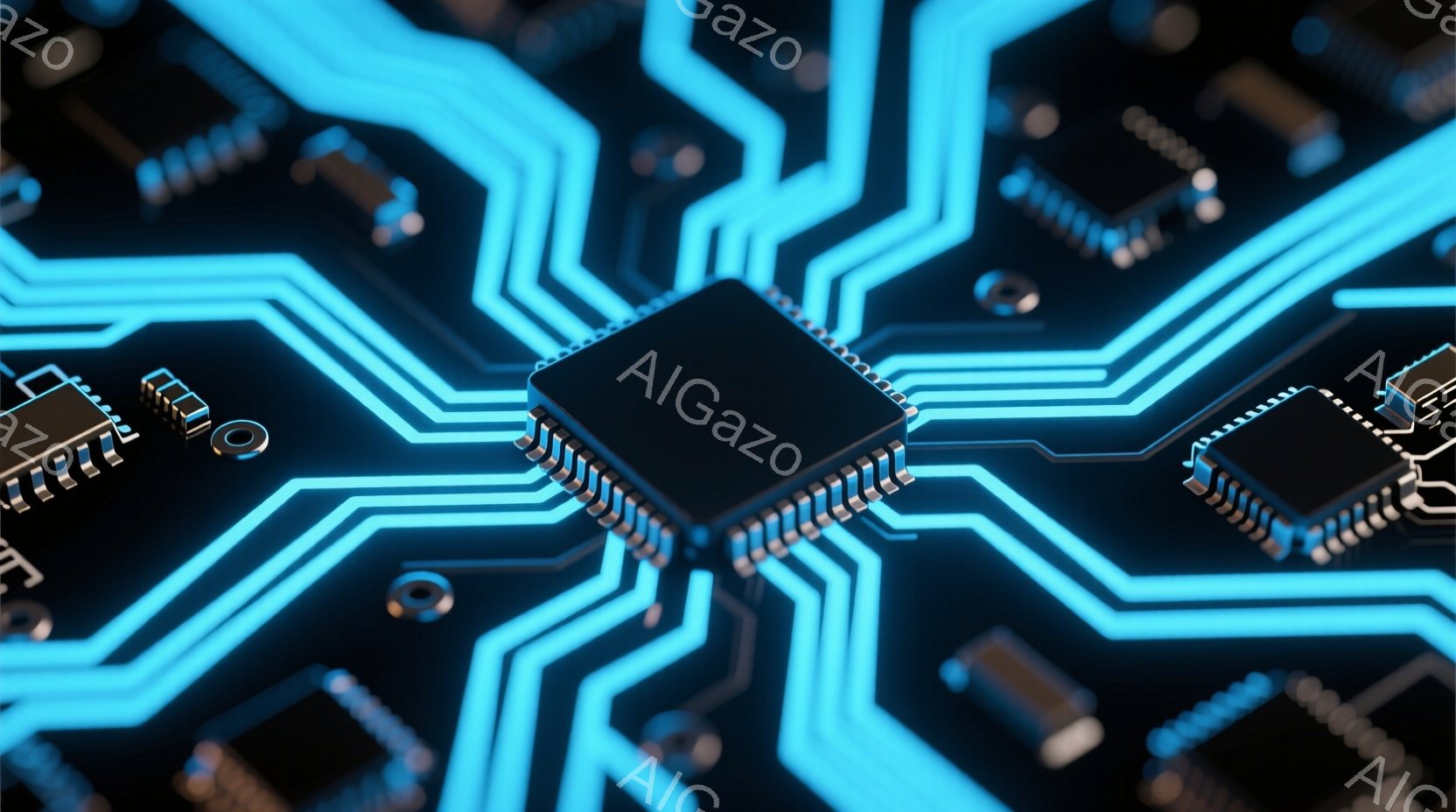 この画像は、暗い背景に青色の回路が複雑に配置されたプリント基板をクローズアップで捉えています。中央には黒いICチップが配置され、周囲には様々な電子部品が規則的に並んでいます。全体的に未来的な雰囲気で、テクノロジーやデジタル世界のイメージを喚起させます。
