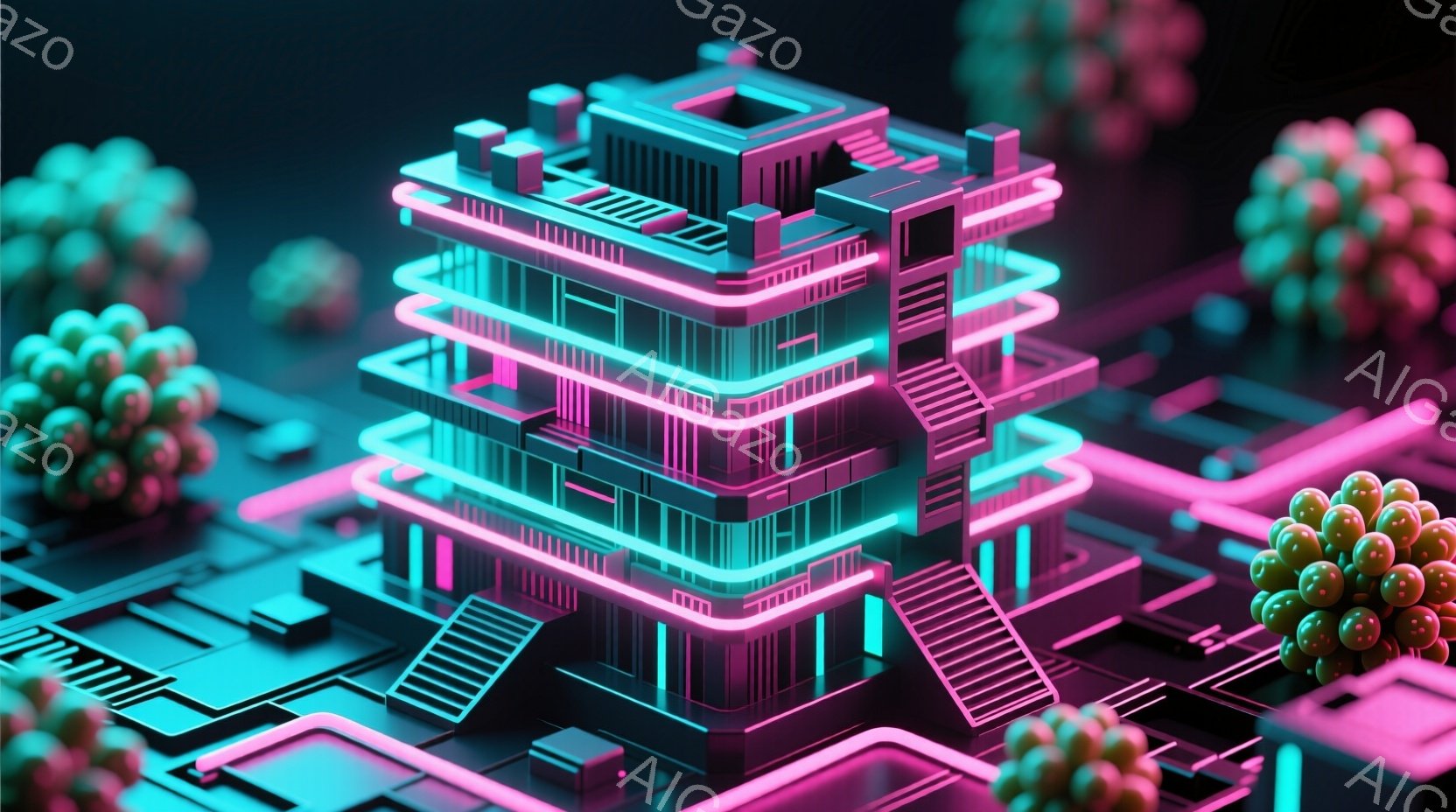 鮮やかなネオンピンクとターコイズブルーの線で構成された未来的な建造物が、抽象的な回路基板のような背景に浮かび上がっています。幾何学的な構造が繰り返され、まるで都市の一部を模したミニチュアのようであり、SF映画のような退廃的でテクノロジーを感じさせる雰囲気が漂っています。背景には、同じ色の球状オブジェクトが散らばっており、全体的に鮮やかで、サイバーパンク風のビジュアルが印象的です。