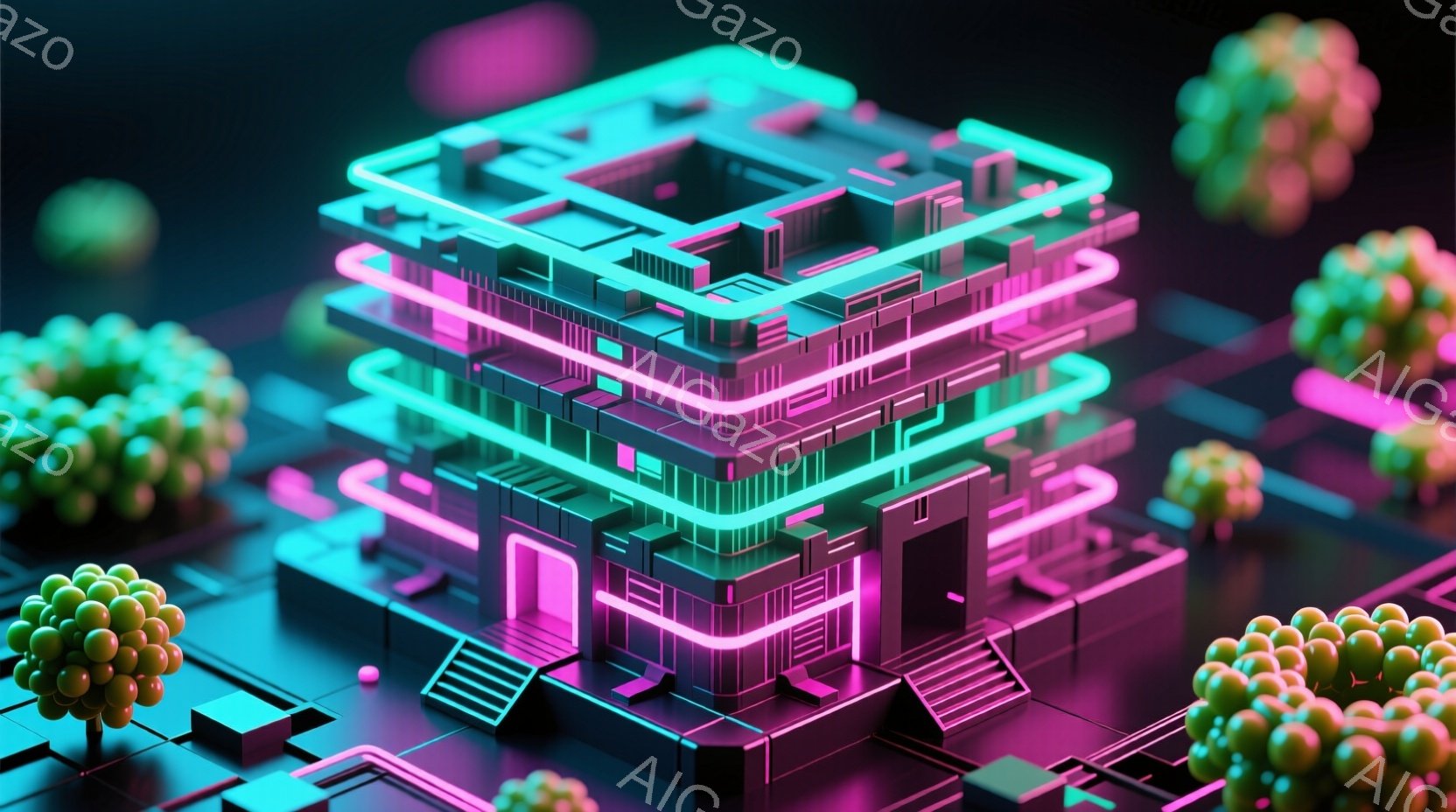 鮮やかなネオンピンクとターコイズブルーで縁取られた、未来的な構造物が画面の中心にあります。幾何学的な形状とミニマルなデザインが特徴で、周囲には緑色の球状のオブジェクトが配置されています。全体的に、サイバーパンク風の、夜の都市を想起させる鮮やかで未来的な雰囲気を醸し出しています。