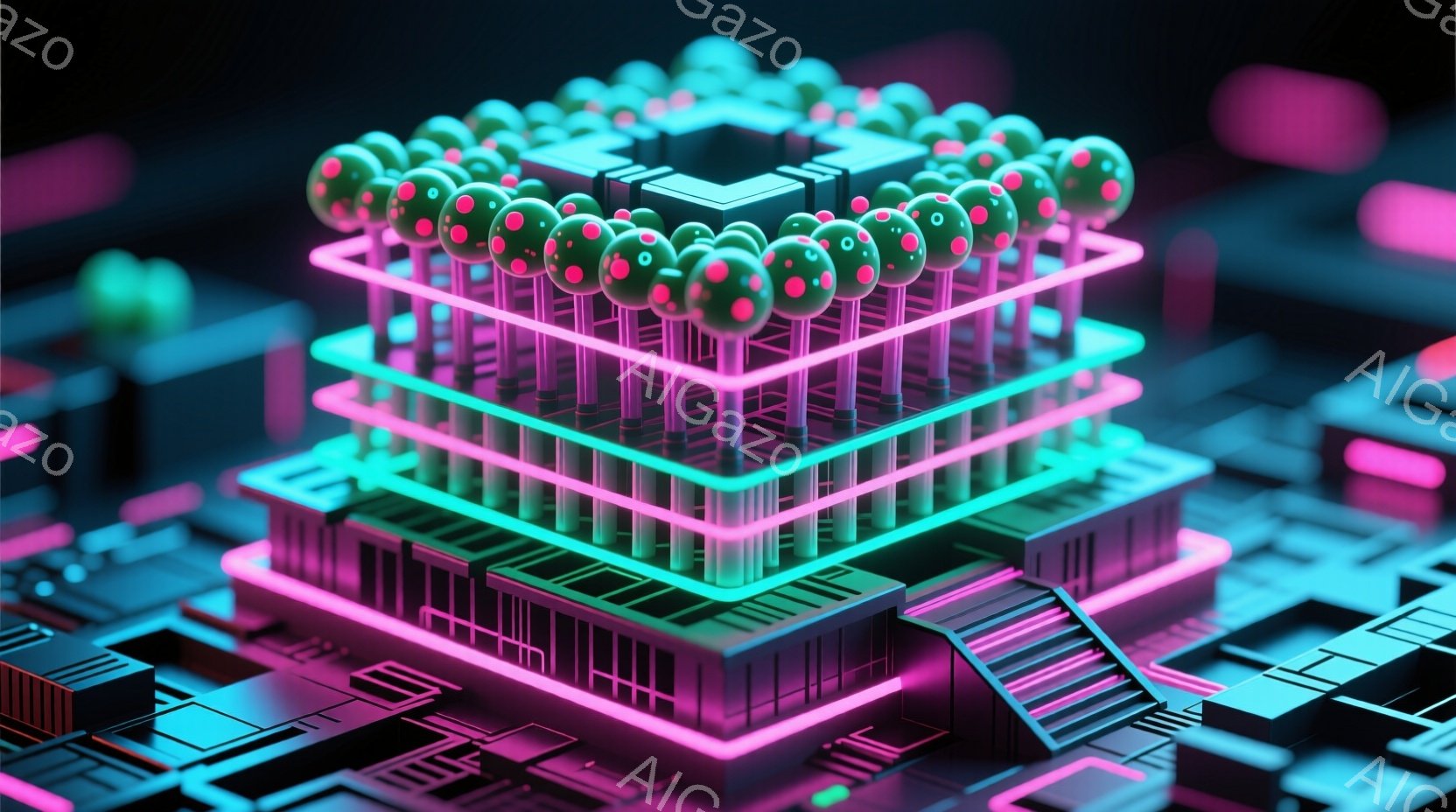 この画像は、ネオンカラーの光を放つ未来的な構造物を捉えています。幾層にも重なった構造は、回路基板のような複雑なデザインで、上部には球体が密集して配置されています。全体的に、サイバーパンク風の都市景観を彷彿とさせる、鮮やかで技術的な雰囲気が漂っています。