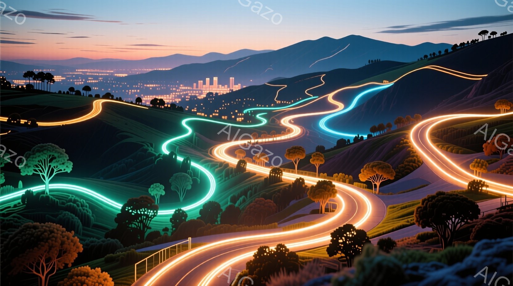 起伏に富んだ丘陵地帯に、光の線が流れるように描かれた道路が複数、蛇行しながら伸びています。遠景には都市の明かりが広がり、夕暮れ時の空がグラデーションを描いています。全体的に幻想的で躍動感に満ちた雰囲気で、未来都市と自然が融合したような景観です。