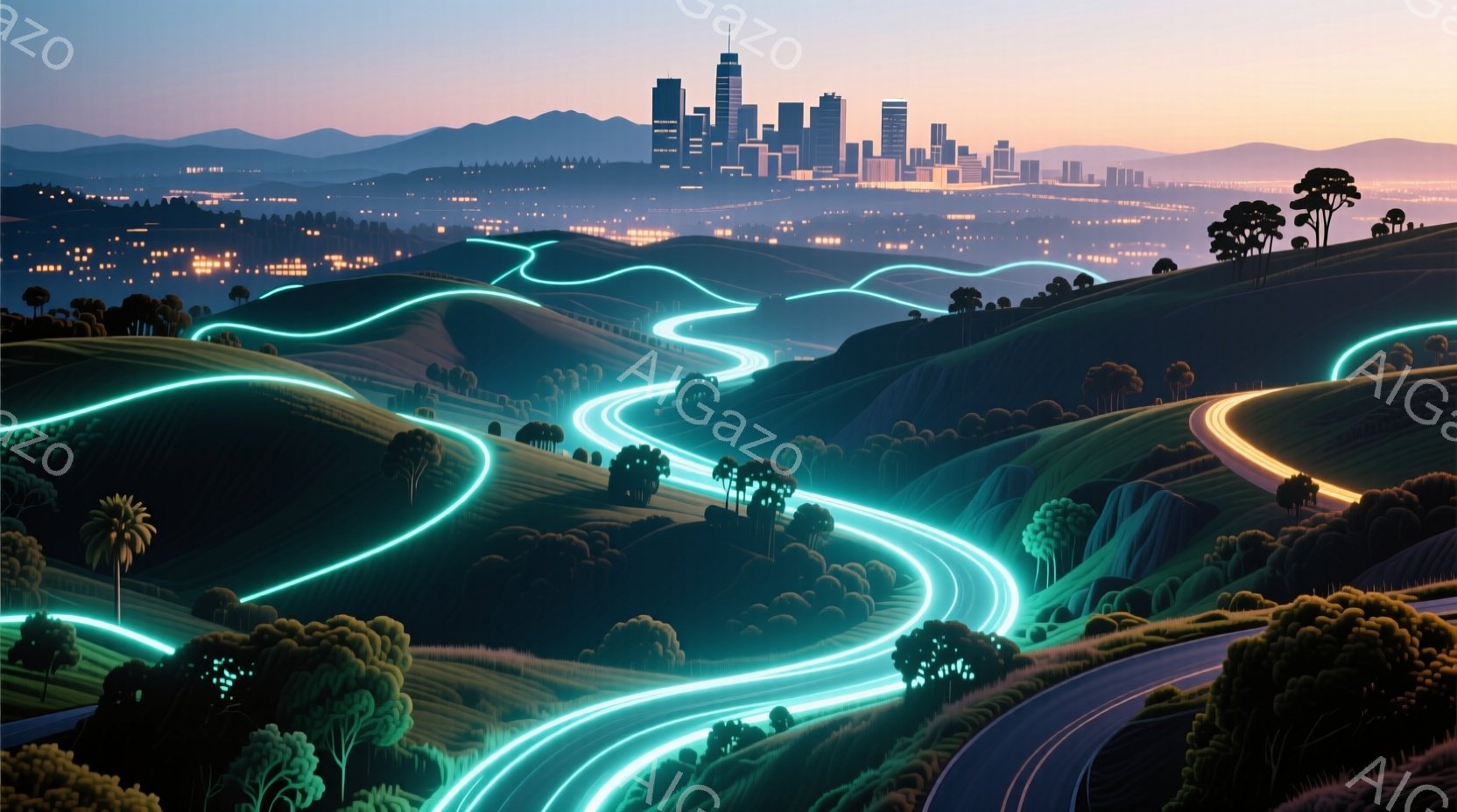 鬱蒼とした緑の丘陵地帯を、青と黄色の光の筋が蛇行しながら抜けていく風景が描かれている。遠景には夕焼けに照らされた都市のスカイラインが広がり、暖かい光と冷たい光のコントラストが印象的だ。全体として、未来的な技術と自然が調和した、幻想的で穏やかな雰囲気が漂っている。