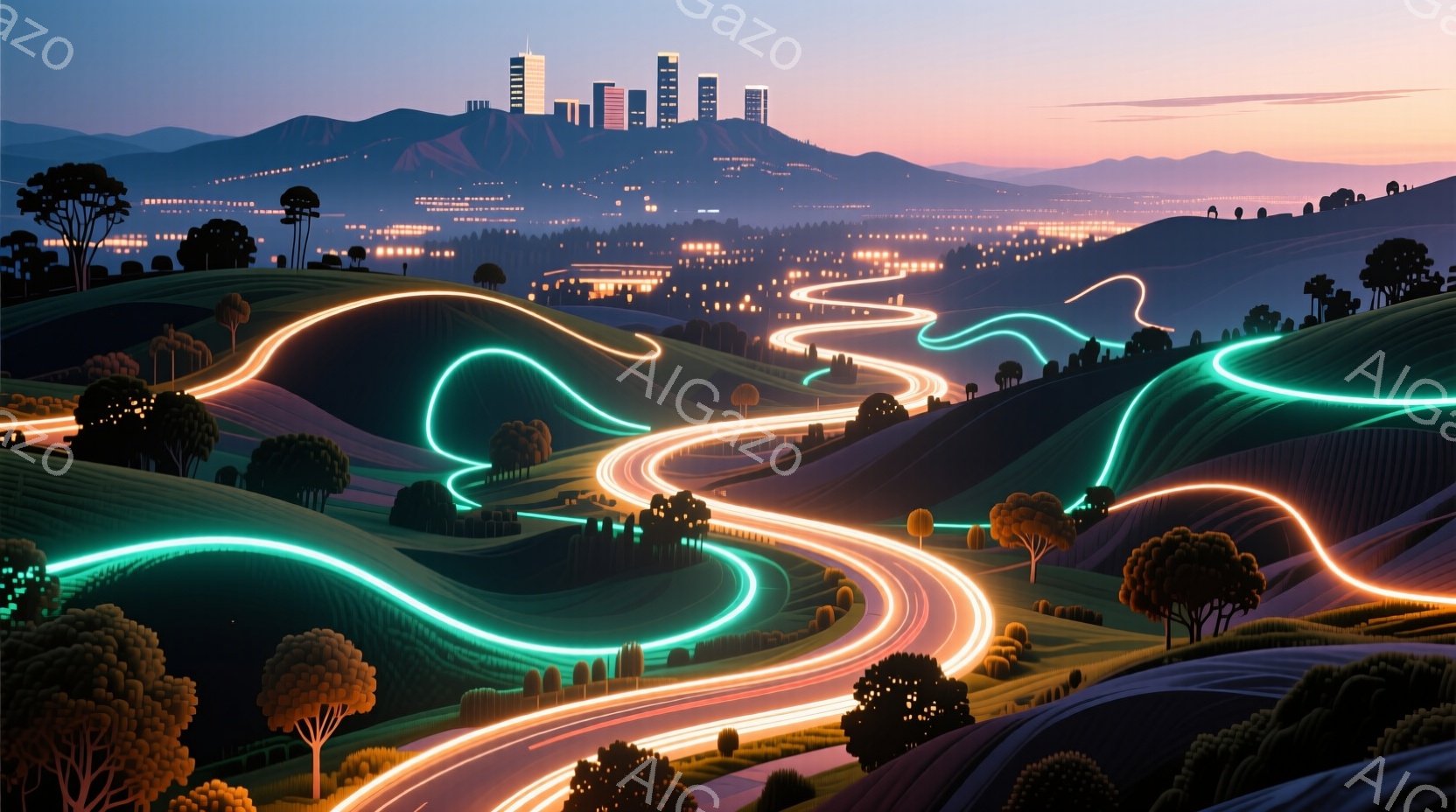 広大な緑の丘陵地帯を、発光する光の帯が蛇行しながら横切っている風景です。遠景には、夕焼けに照らされた都市のスカイラインがぼんやりと見え、穏やかで幻想的な雰囲気を醸し出しています。鮮やかな色彩と光の表現が、まるで夢の中にいるような感覚を与えます。