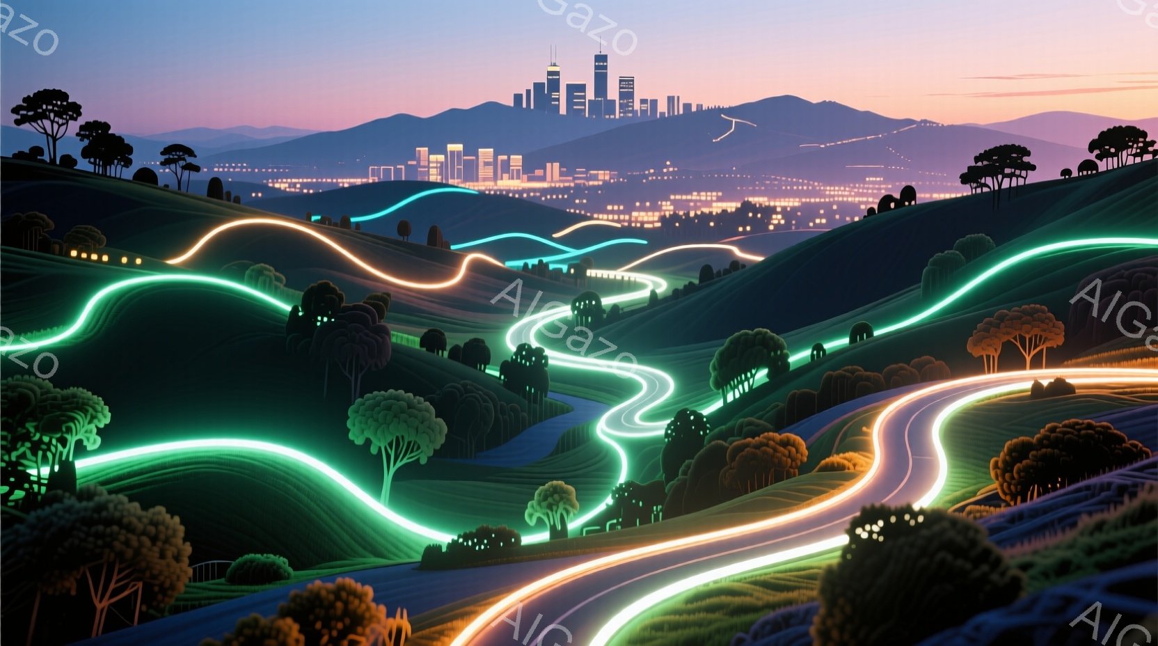 緑豊かな丘陵地帯に、光の筋が蛇行する道路を描いた風景画である。遠景には都市のスカイラインが見え、夕暮れ時の空と光のコントラストが美しい。全体的に幻想的で、未来的な雰囲気を醸し出している。