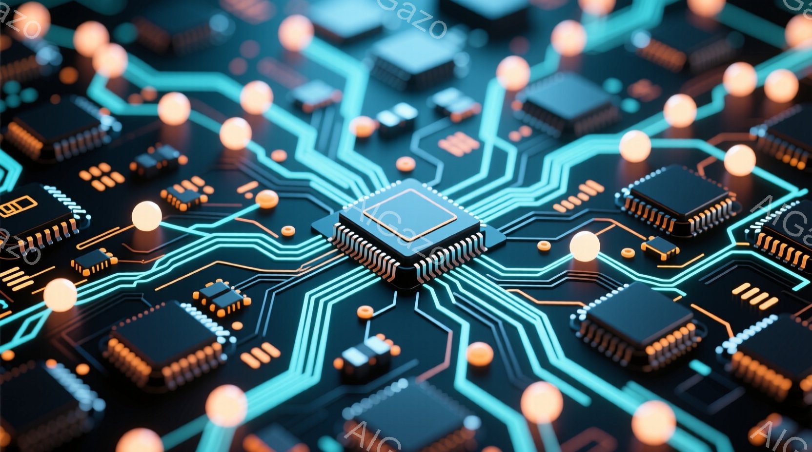 この画像は、複雑な回路基板のクローズアップです。青色の配線が光り、オレンジ色の小さな球体が接続ポイントを強調しています。中央には黒色のCPUチップがあり、全体的に未来的なテクノロジーの雰囲気が漂っています。