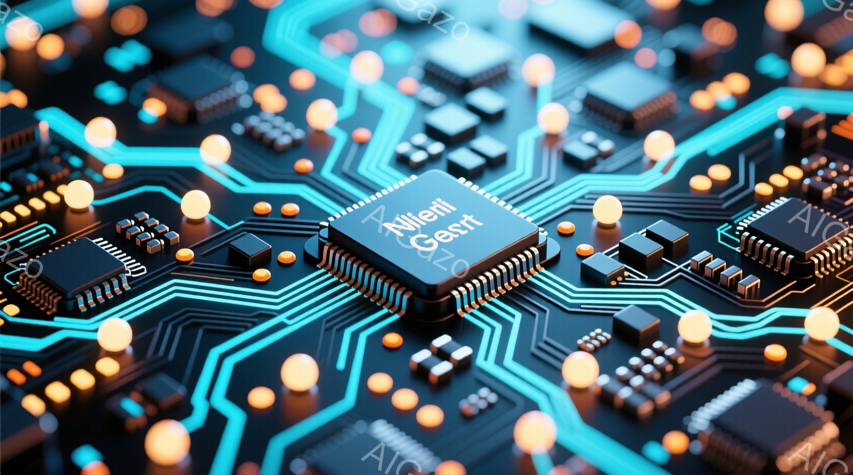 この画像は、複雑な電子回路基板のクローズアップです。様々な電子部品が配置され、鮮やかなオレンジと青色の光が回路全体を照らしています。基板中央には「Nlieri Gesrt」と書かれた大型のICチップが配置され、現代技術の象徴となっています。