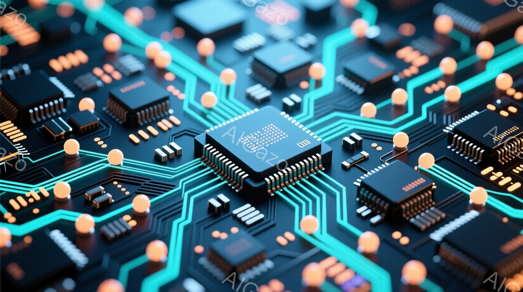 この画像は、複雑な電子回路基板をクローズアップしたものです。鮮やかな水色のラインが回路を走り、黒いチップや小さな黄色の球体が規則的に配置されています。全体的に未来的な雰囲気で、テクノロジーと精密さを強調しています。