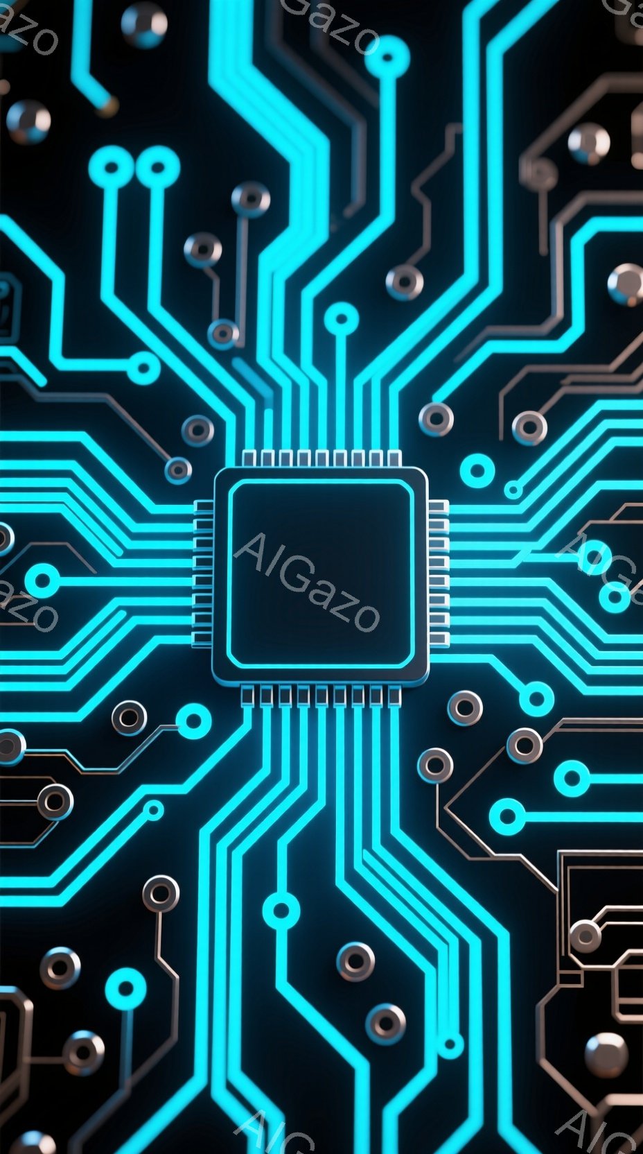 鮮やかな青色の回路基板が黒い背景に描かれています。中央には、四角いICチップが配置され、そこから放射状に細い導線が広がっています。全体的に未来的な雰囲気で、テクノロジーや電子機器を連想させるデザインです。