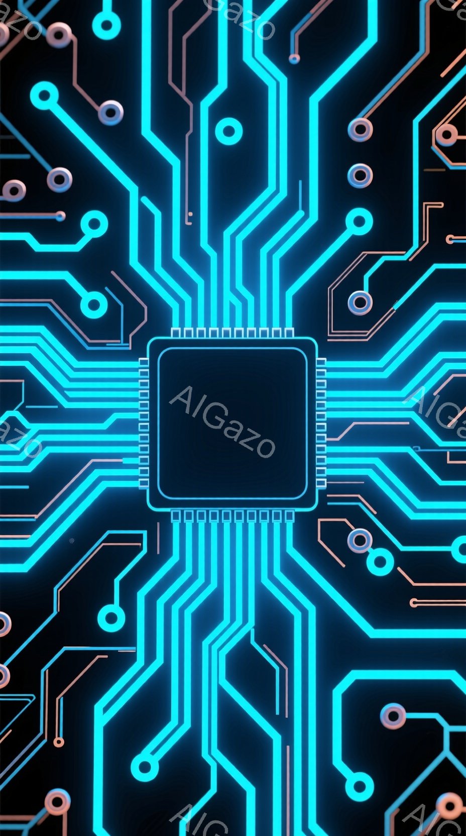 この画像は、暗い背景にネオンブルーとオレンジ色の回路パターンが描かれています。中央には四角いチップが配置され、そこから放射状に線が広がっています。全体的に未来的なテクノロジーやデジタル世界を連想させる - AI生成フリー素材