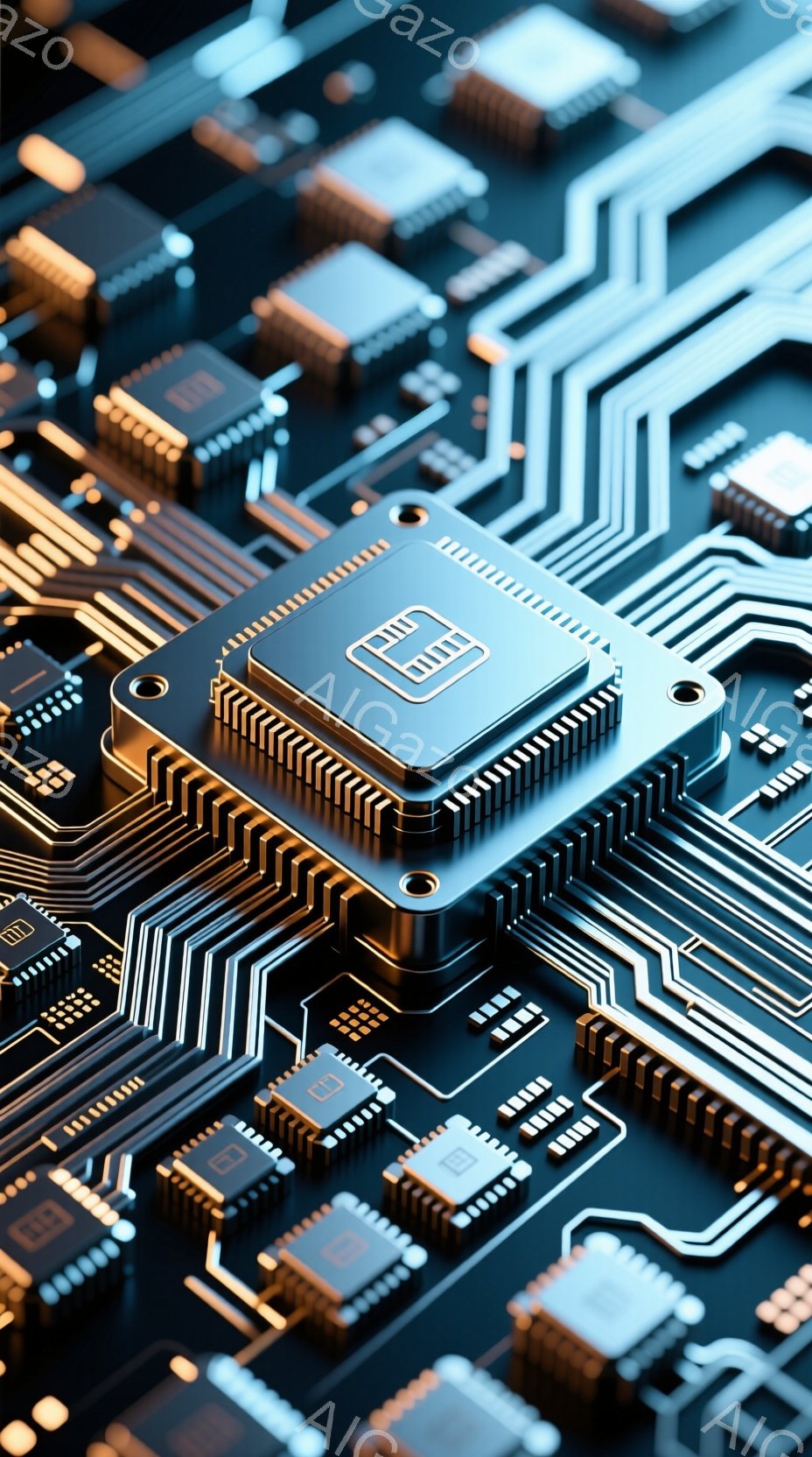 この画像は、複雑な回路基板のクローズアップです。金色のチップと白い線が黒い背景に鮮やかに映え、未来的でテクノロジーを感じさせる印象を与えます。基板全体に規則的に配置された電子部品が、精密さと複雑さを強調しています。