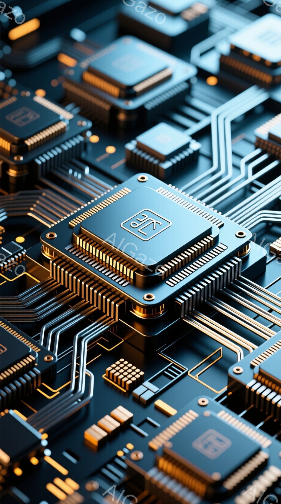 この画像は、電子回路基板のクローズアップで、金色の配線と黒いチップが複雑に配置されています。チップは四角形で、表面に細かなピンが並び、基板上に規則的に並べられています。全体的に未来的で、テクノロジーの精密さを強調した雰囲気です。