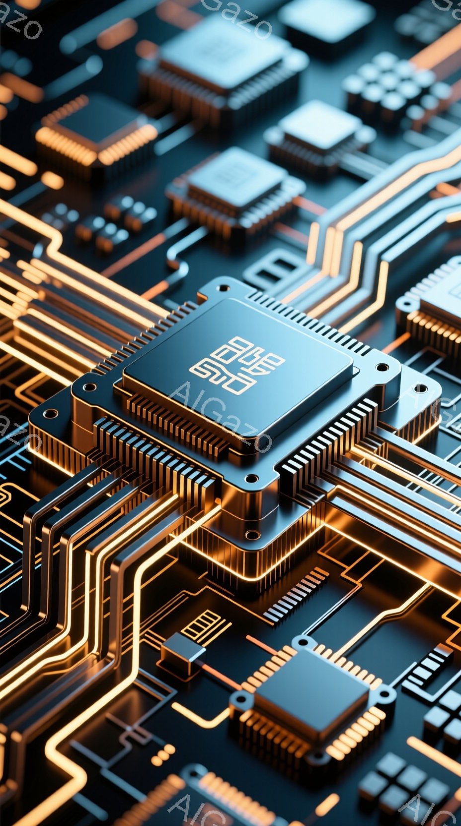 この画像は、複雑な電子回路基板のクローズアップです。金色の回路線が黒い基板上を網の目のように走り、様々な電子部品が配置されています。全体的に、未来的なテクノロジーと精密さを感じさせる光景です。