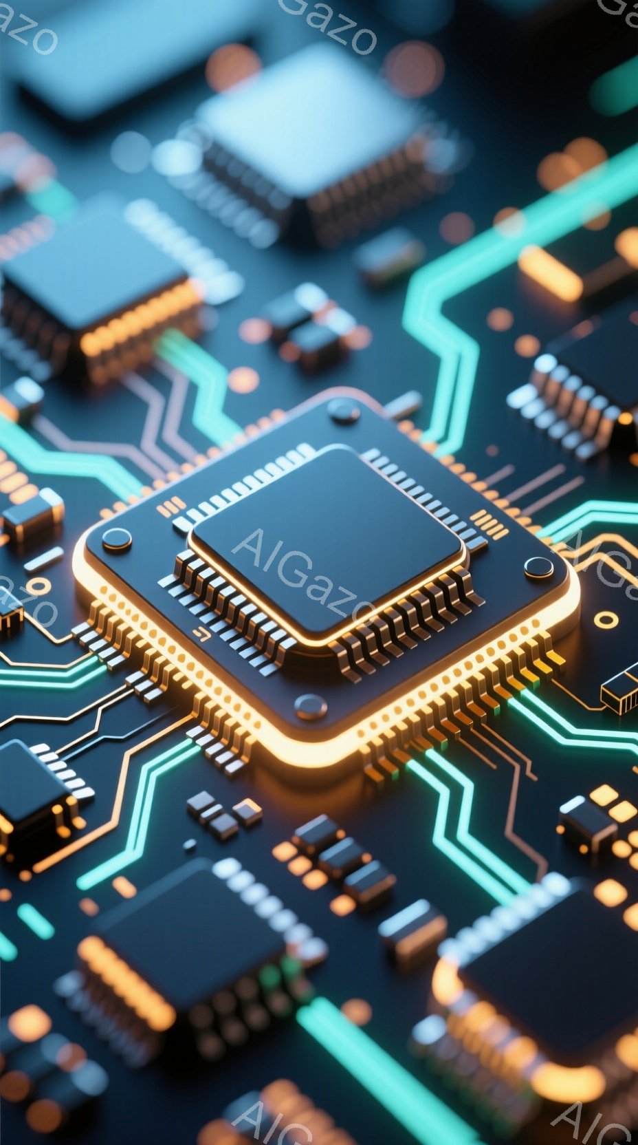 この画像は、電子回路基板のクローズアップです。中央には金色の縁取りがされたチップが配置され、周囲には緑と黄色の配線が複雑に走っています。全体的に、未来的な技術と精密さを感じさせる光沢のある表現が特徴です。