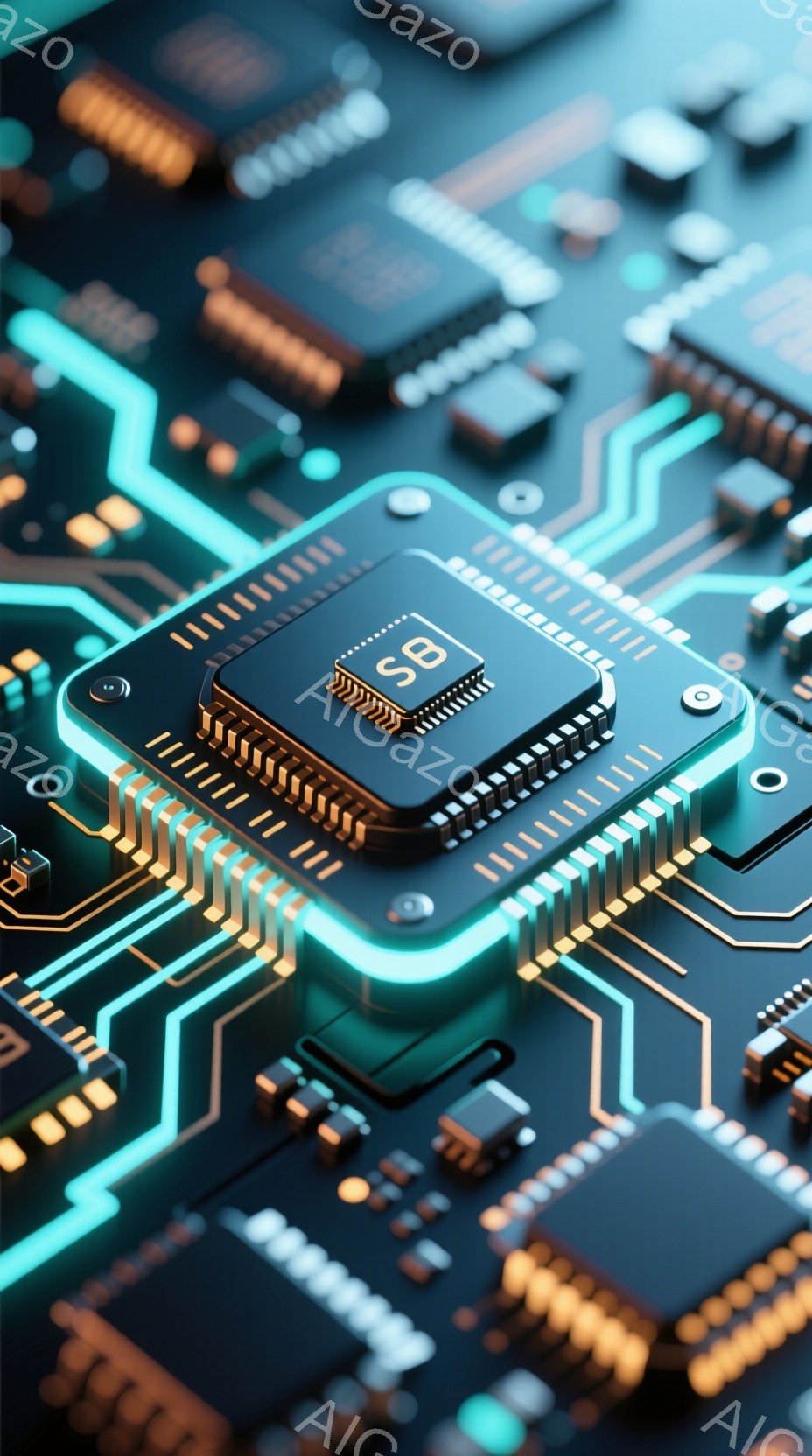 この画像は、複雑な電子回路基板をクローズアップしたものです。中央には「SB」と刻印された金色のチップが配置され、青い光で縁取られています。基板全体は、金色の配線と青いラインで構成され、未来的な雰囲気を醸し出しています。