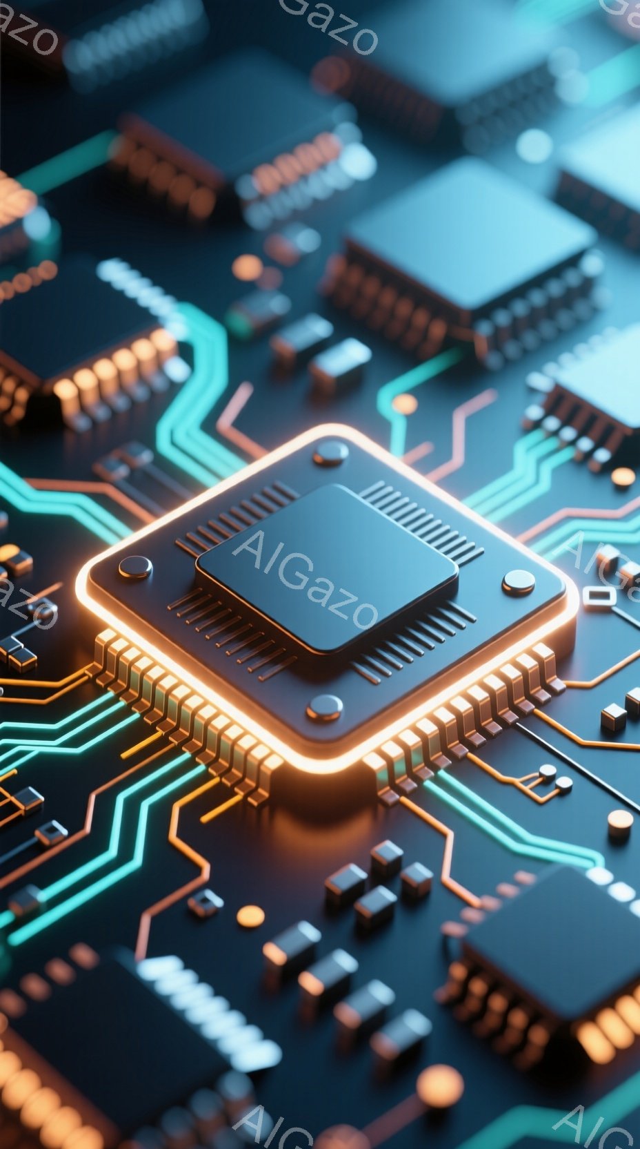 この画像は、複雑な回路基板をクローズアップしたものです。中央には、発光するエッジを持つ黒いマイクロチップが配置されており、金色の細い線と様々な電子部品が基板上に精密に配置されています。青とオレンジのラインが回路を彩り、未来的な技術感と精密さを強調しています。