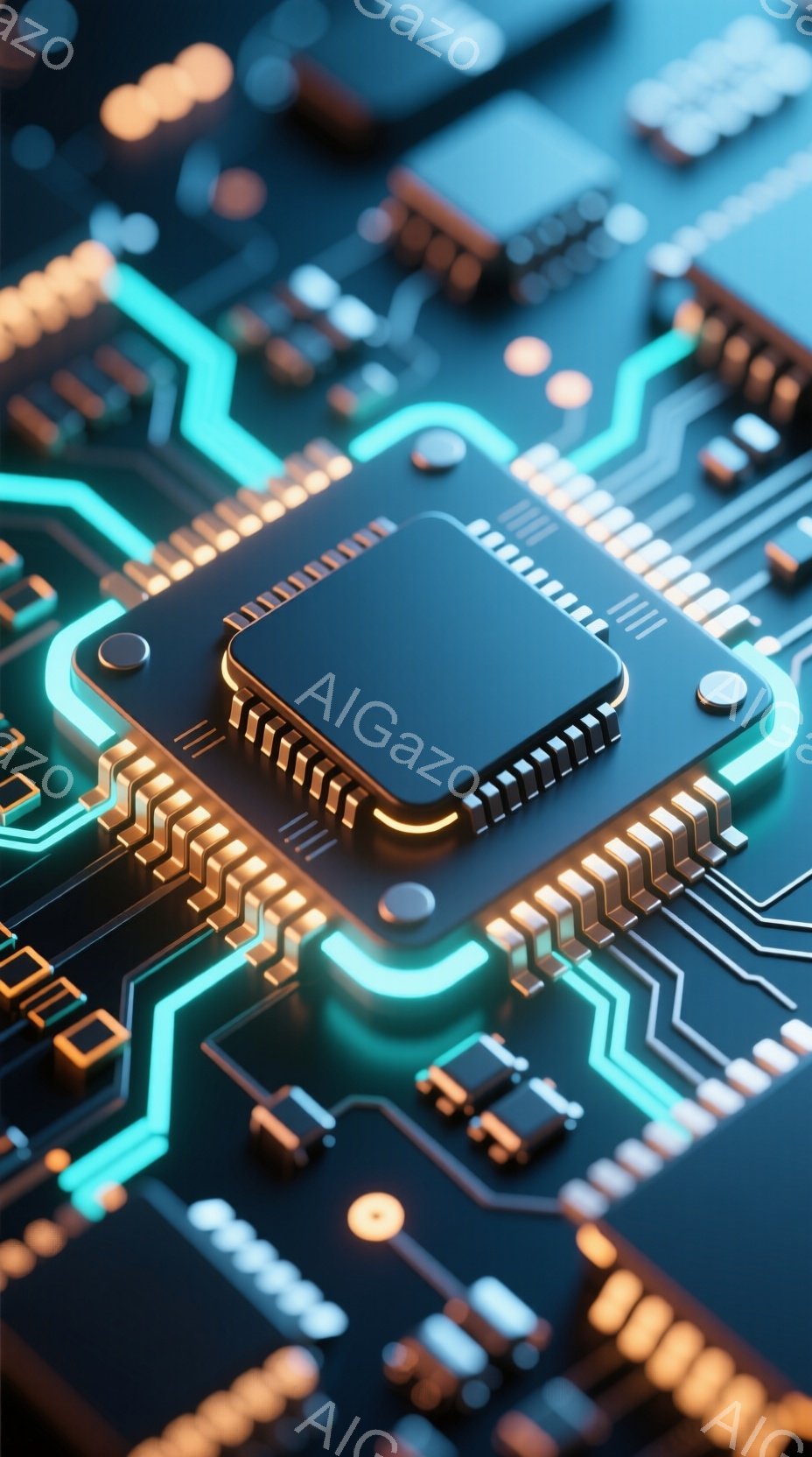 この画像は、複雑な電子回路基板をクローズアップしたものです。鮮やかな青色の配線が金色の電子部品を繋ぎ、中央には大型のプロセッサが配置されています。全体的に未来的な雰囲気で、高度な技術を連想させる鮮やかな光が印象的です。