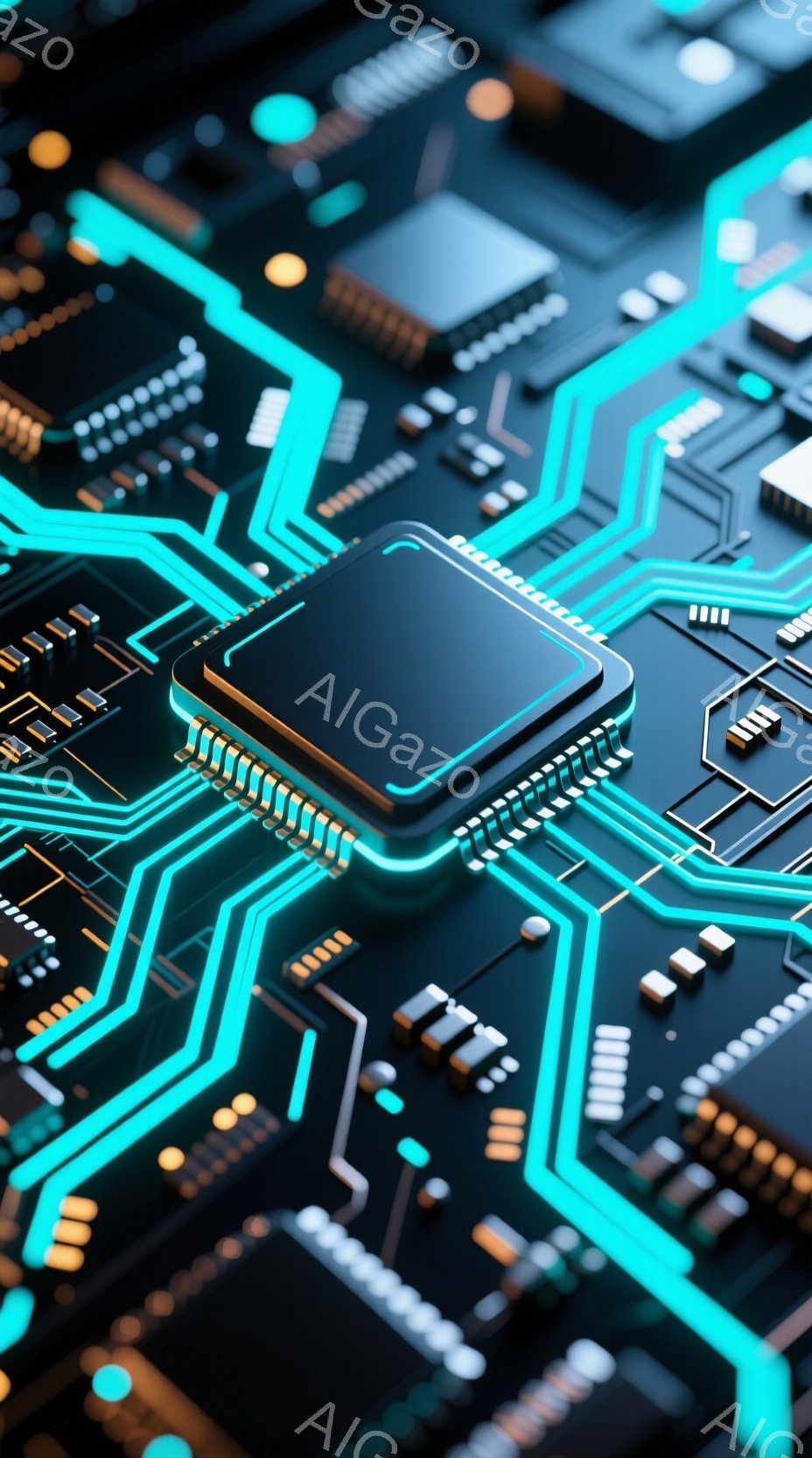 この画像は、複雑な回路基板のクローズアップであり、鮮やかなターコイズブルーの光が回路を照らしています。様々な電子部品が配置され、中央には大きな四角いチップが光を放ち、未来的な印象を与えます。全体的に、テクノロジー、接続性、そして洗練されたデジタル世界の雰囲気を醸し出しています。