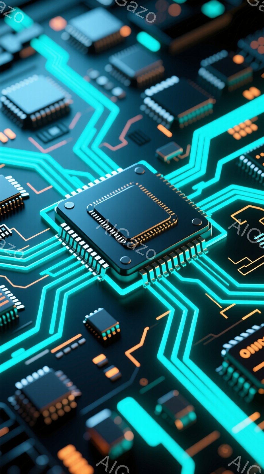 この画像は、複雑な電子回路基板をクローズアップで捉えたものです。鮮やかなターコイズブルーの回路線が黒い基板上を網の目のように走り、様々な電子部品が配置されています。全体的に、未来的な技術と精密さを感じさせる印象です。