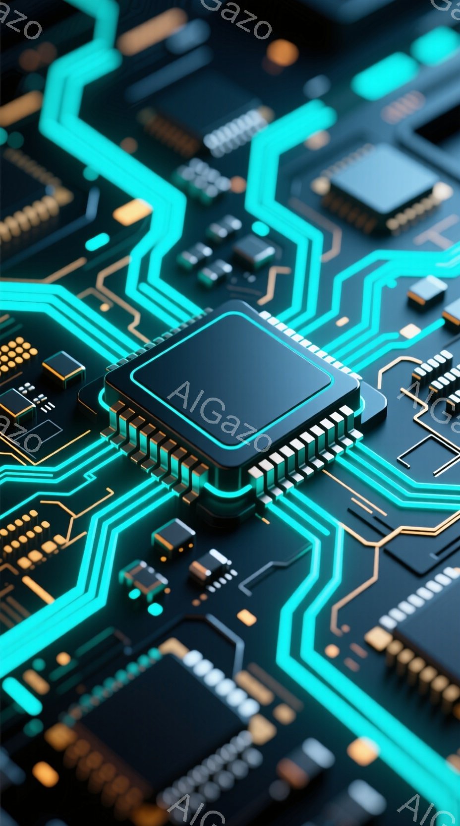 この画像は、複雑な電子回路基板をクローズアップで捉えたものです。鮮やかなターコイズブルーの配線が黒い基板上を複雑に走り、金色の小さな電子部品が配置されています。中心には、黒い大型のICチップが配置されており、近未来的なテクノロジーの雰囲気を醸し出しています。